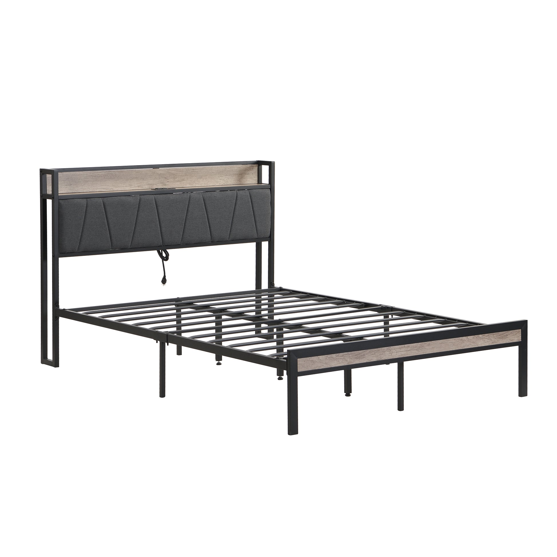 Full Size Metal Platform Bed Frame With Upholstery Storage Function Headboard And Usb Liner And Footboardno Box Spring Needed, Large Under Bed Storage, Easy Assemble Full Beige Black Metal & Wood