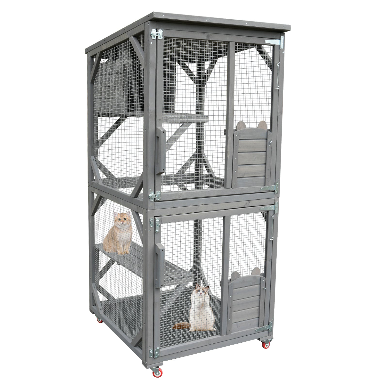 Catio Large Wooden Cat House Outdoor Indoor Cat Enclosures On Wheels, Wooden Kitty House Shelter Outside With Resting Box, Waterproof Roof Grey, 31.5" D X 36.6" W X 71" H Grey Solid Wood