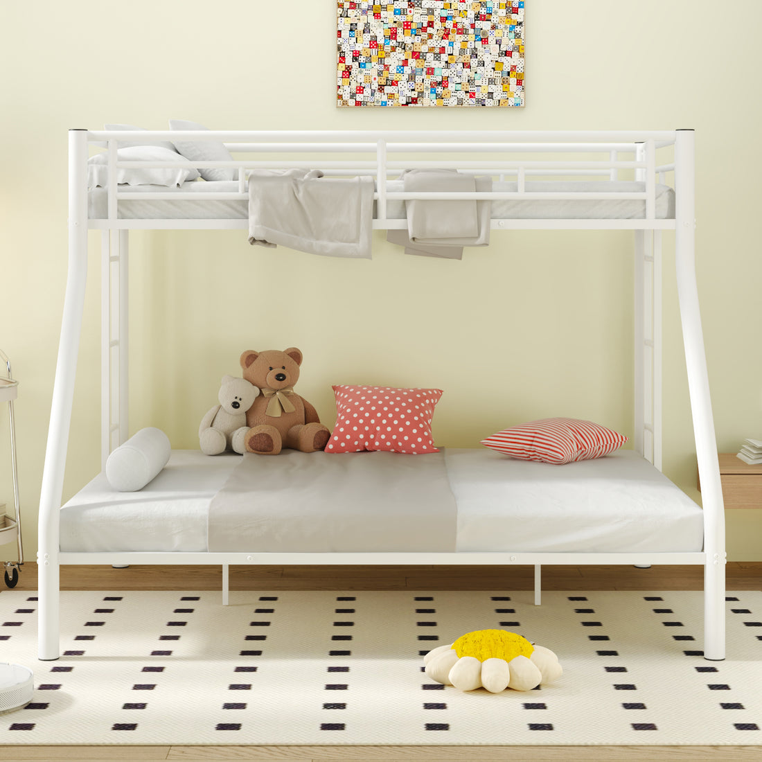 Twin Xl Over Queen Metal Bunk Bed With Ladder And Guardrails, White Box Spring Not Required Twin Xl White Metal Metal