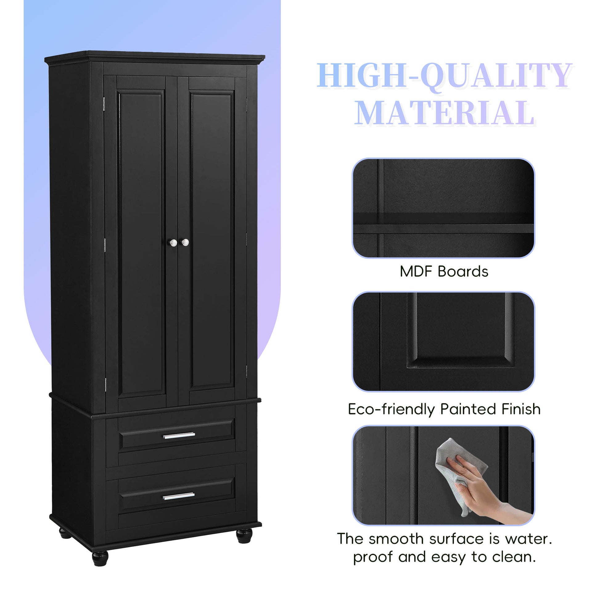 Tall Storage Cabinet With Two Drawers For Bathroom Office, Black Black Mdf