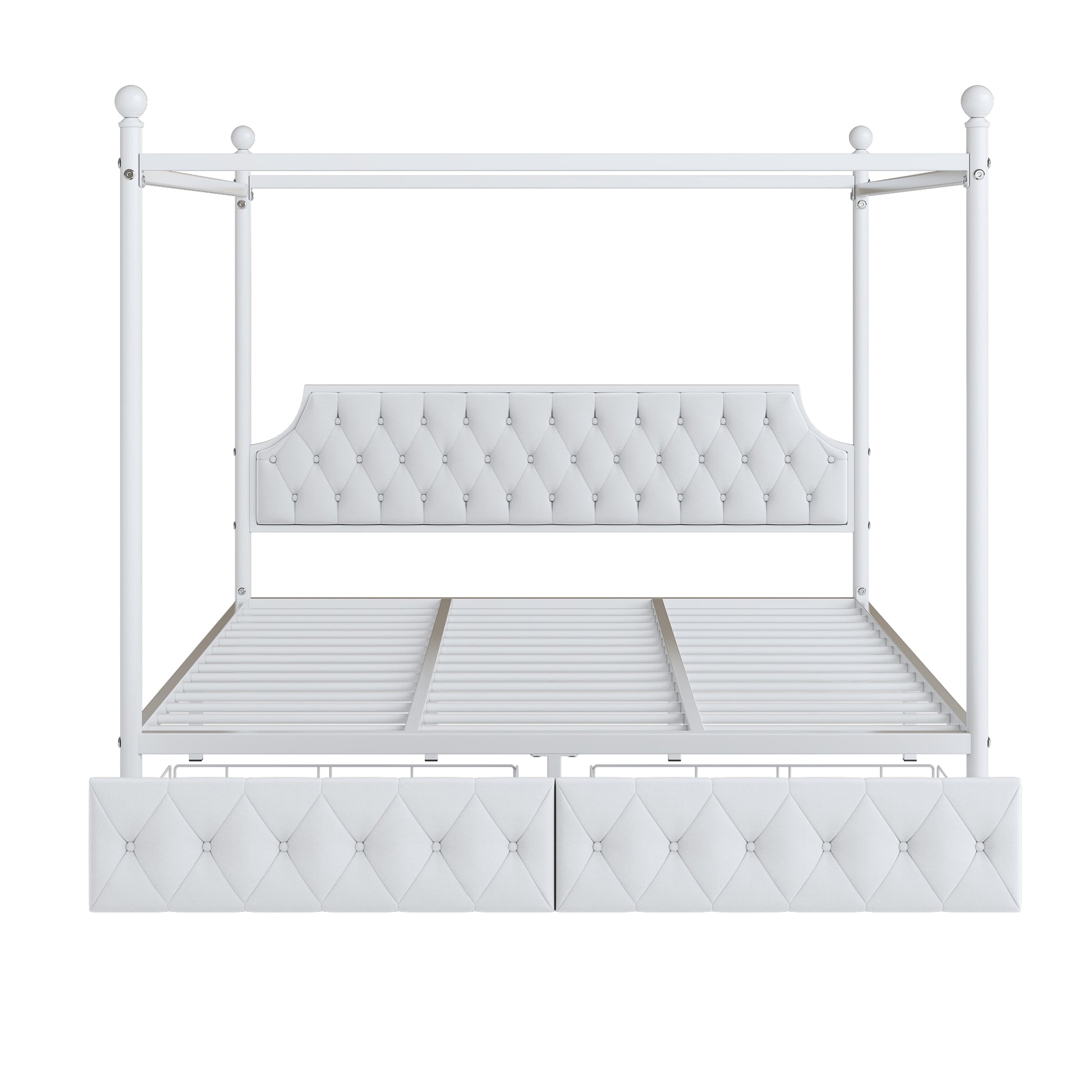 King Size Metal Canopy Platform Bed With Upholstered Headboard And Two Storage Drawers, White King White Metal