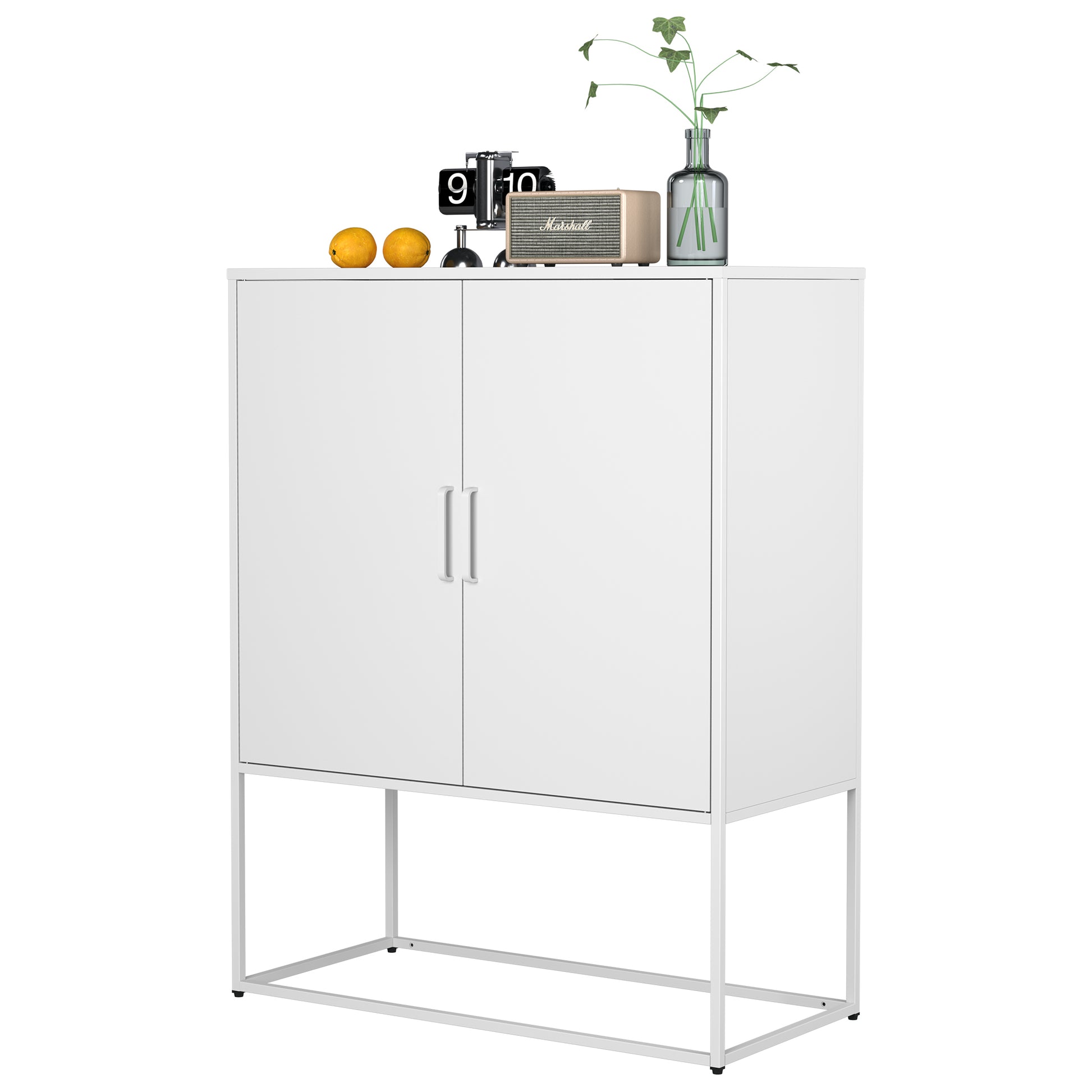 Heavy Duty Metal Buffet Sideboard Modern Steel Storage Cabinet With 2 Shelves, Free Standing Accent Cabinet With Magnetic Doors For Bedroom, Kitchen, And Home Office, Anti Tip Design Easy Assemble Accent Chests 1 2 Shelves Antique White Primary Living