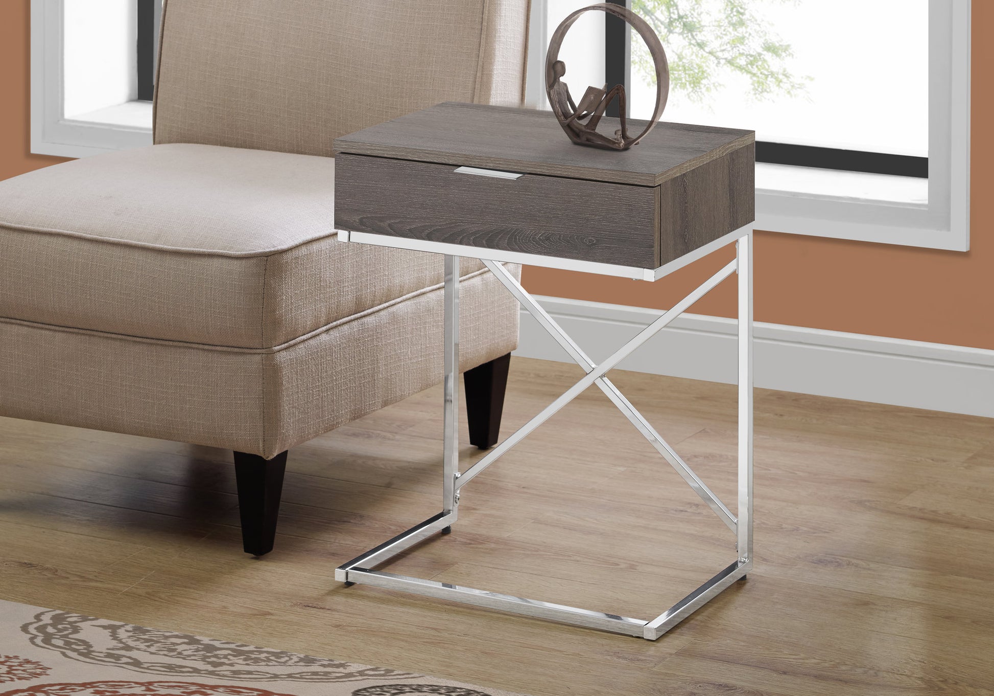 Accent Table, Side, End, Nightstand, Lamp, Storage Drawer, Living Room, Bedroom, Brown Laminate, Chrome Metal, Contemporary, Modern Taupe Particle Board