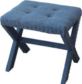 Set Of 2 Silver Modern Chic Vanity Stool Upholstered Chair Soft Linen Fabric Trim Tufted Seat And Solid Wood Frame Blue Blue Vanity Stools Polyester Bedroom Rectangular Blue Traditional Nailheads Wood