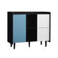 Sideboard Buffet Cabinet, Black Storage Cabinet With Red Doors2 Drawers With Unique Panel Styling And 2 Open Storage Compartment, Modern Coffee Bar Cabinet Accent Cabinet For Kitchen, Dining Room Black Blue Mdf