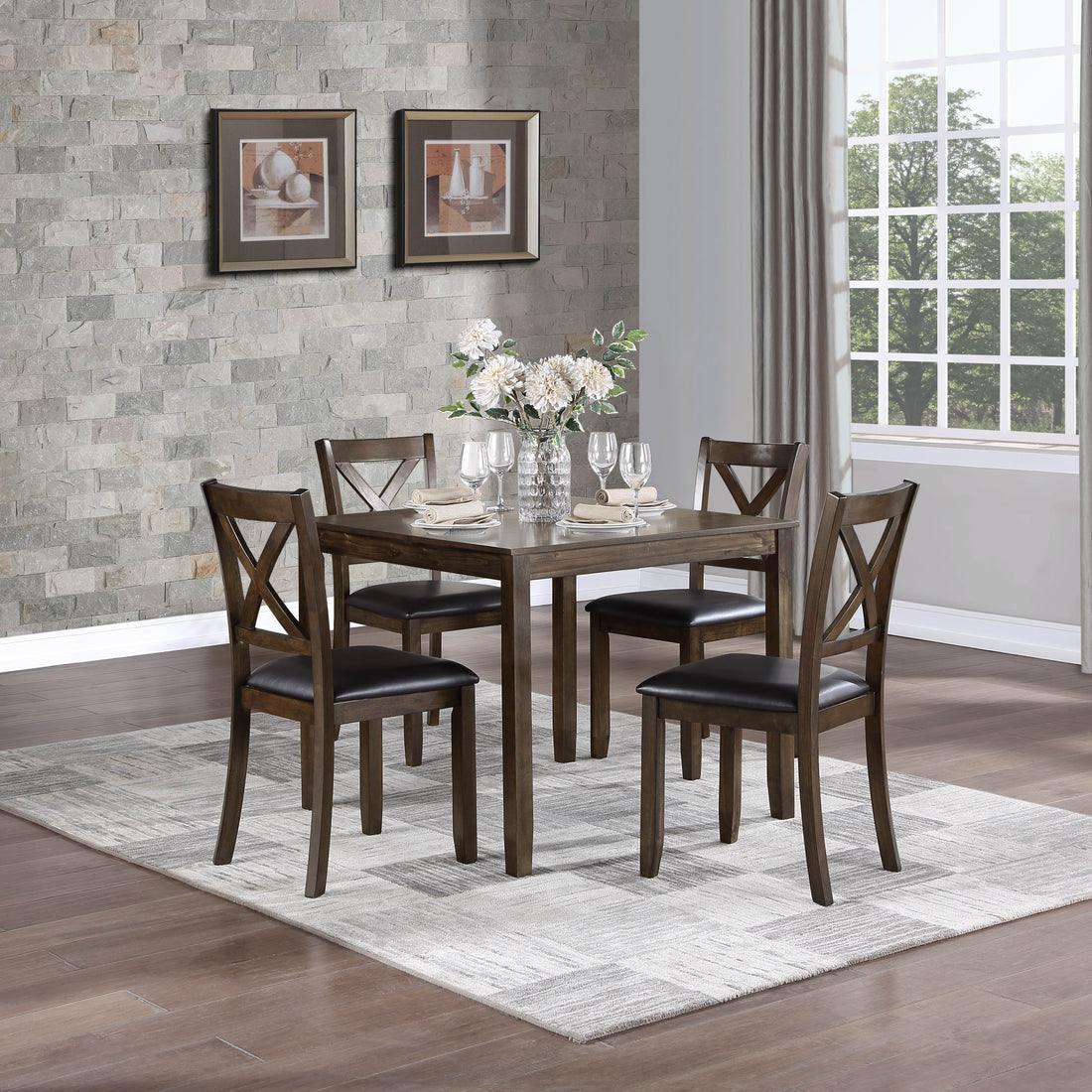 Transitional Style 5Pc Dinette Set Charcoal Brown Finish Dining Room Table And 4 Chairs Faux Leather Upholstery X Back Chairs Wood Wood Brown Mix Seats 4 Wood Dining Room 36 Inches 4 Leg Square Dining Table With Chair Wood