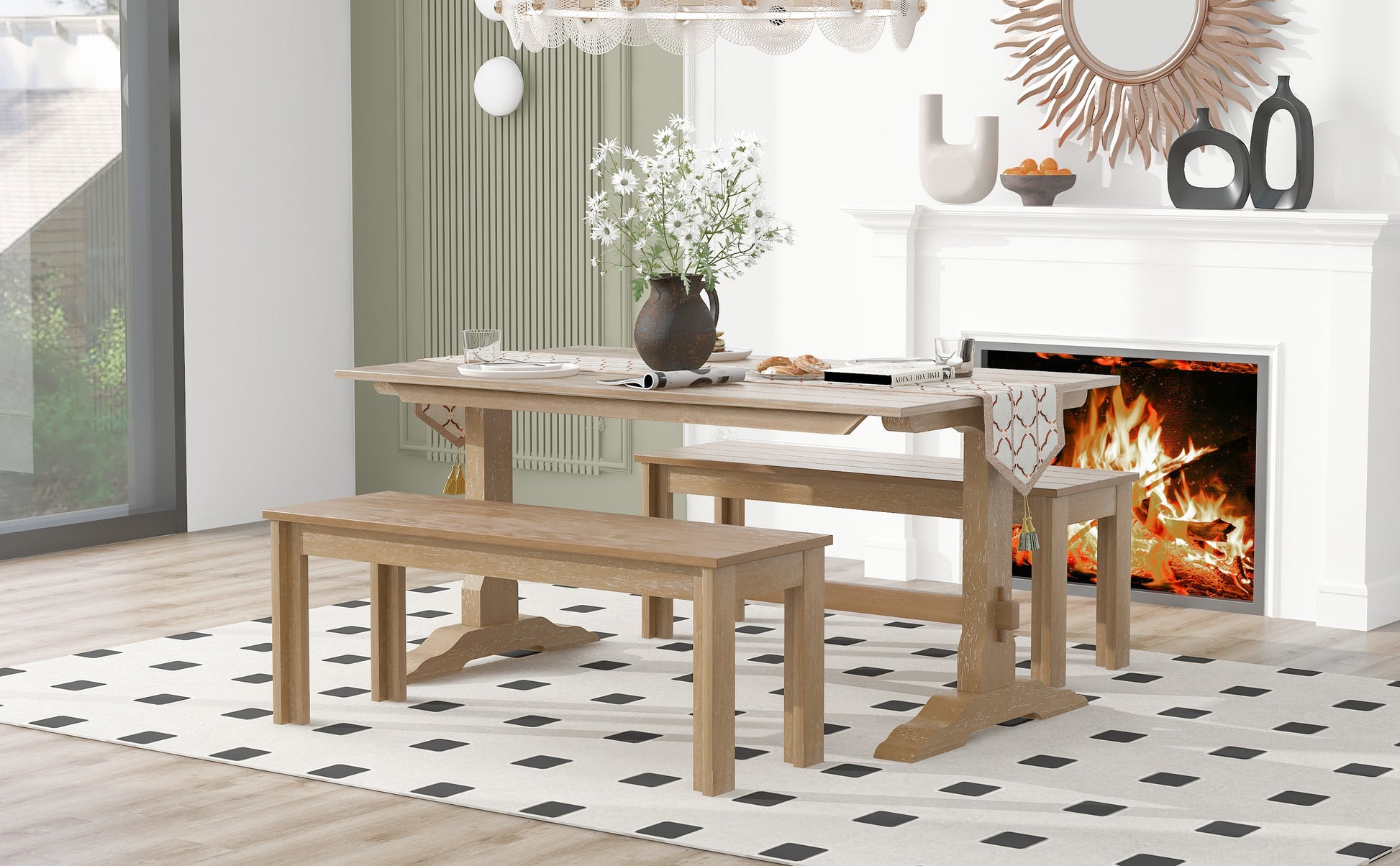 3 Piece Retro Dining Set, Rectangular Trestle Table And 2 Wooden Benches For 4 People For Dining Room And Kitchen Natural Wood Natural Wood Solid Wood Mdf