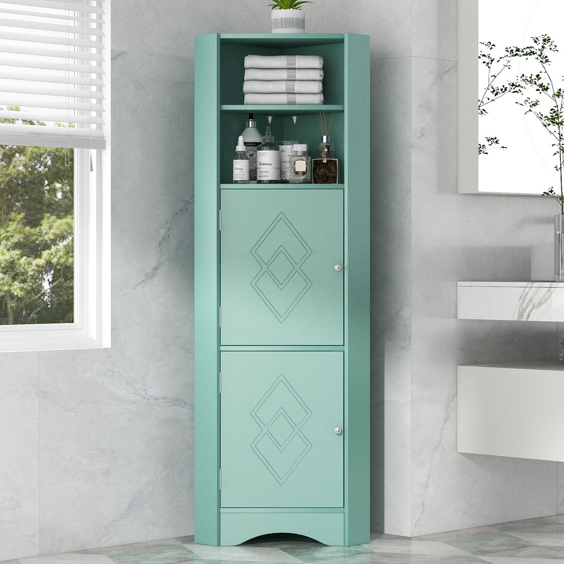 Tall Bathroom Corner Cabinet, Freestanding Storage Cabinet With Doors And Adjustable Shelves, Mdf Board, Green Green Mdf