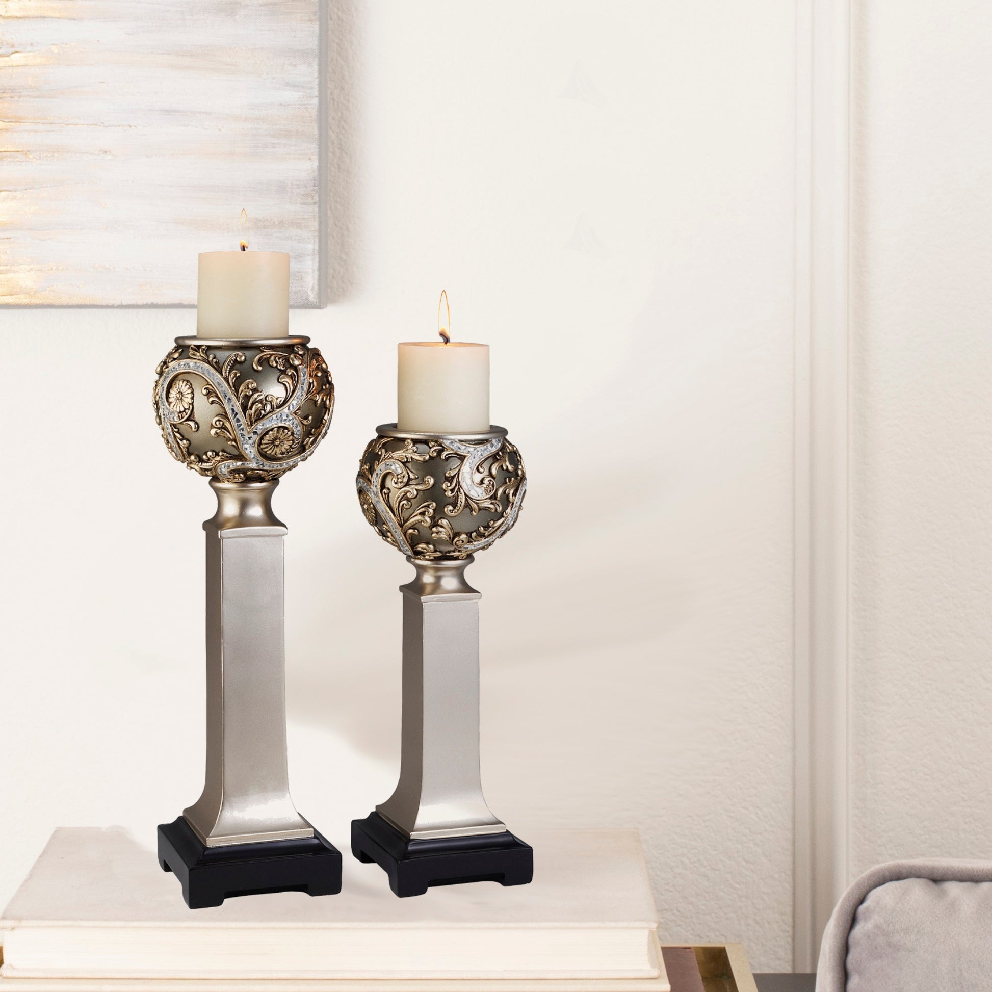 15" And 19" Polyresin "Vine" Candleholder, Silver Finish Set Of 2 Silver Polyresin