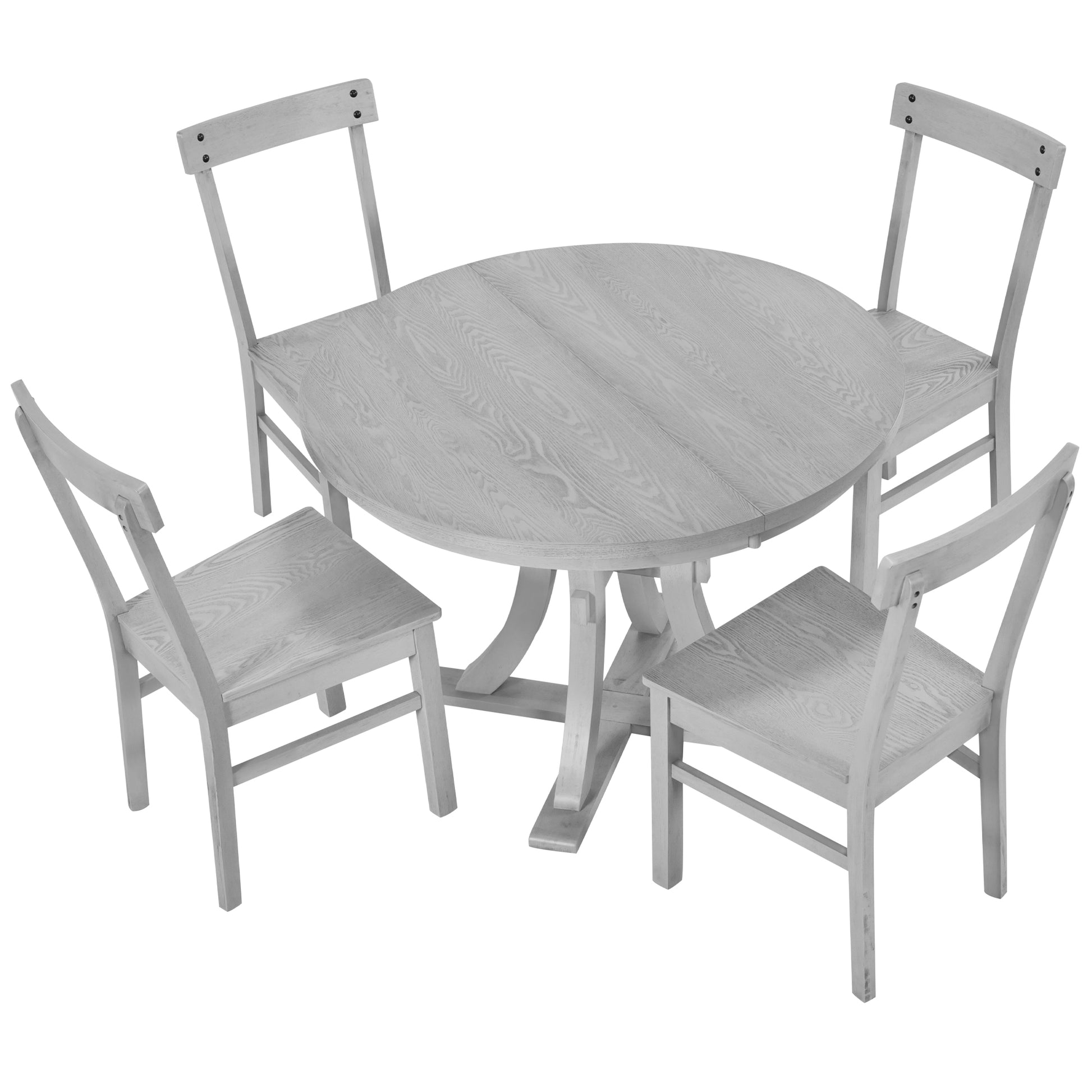 5 Piece Rustic Round Pedestal Extendable Dining Table Set With 15.7" Removable Leaf And Simple Dining Chirs For Small Places, Gray Gray Wood Dining Room Extendable Rubberwood Oval Dining Table With Chair Wood Wood Gray Seats 4 Removable Leaf Farmhouse