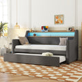 Twin Size Daybed With Trundle Bed, Upholstered Daybed With Charging Station And Led Lights, Gray Twin Gray Linen