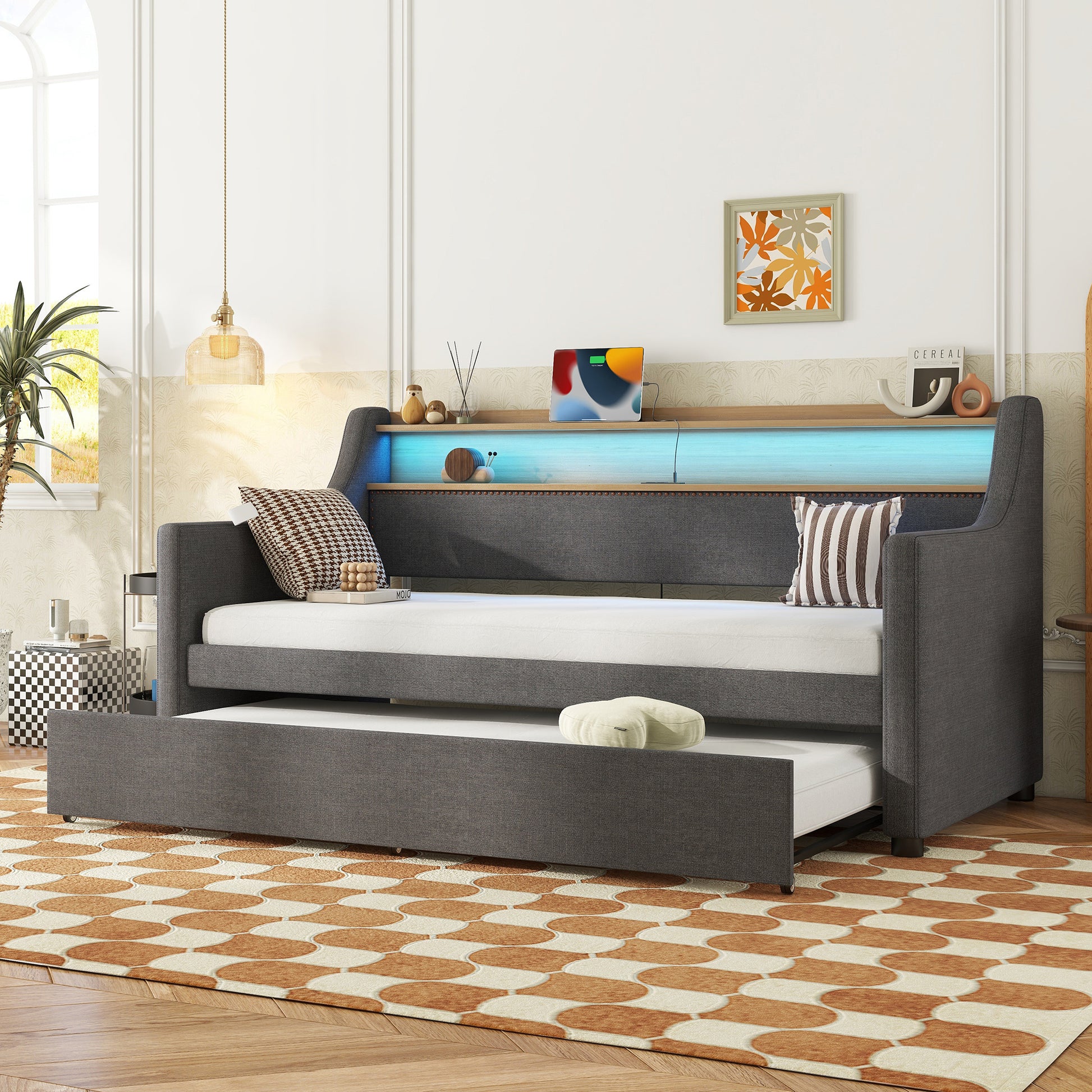 Twin Size Daybed With Trundle Bed, Upholstered Daybed With Charging Station And Led Lights, Gray Twin Gray Linen