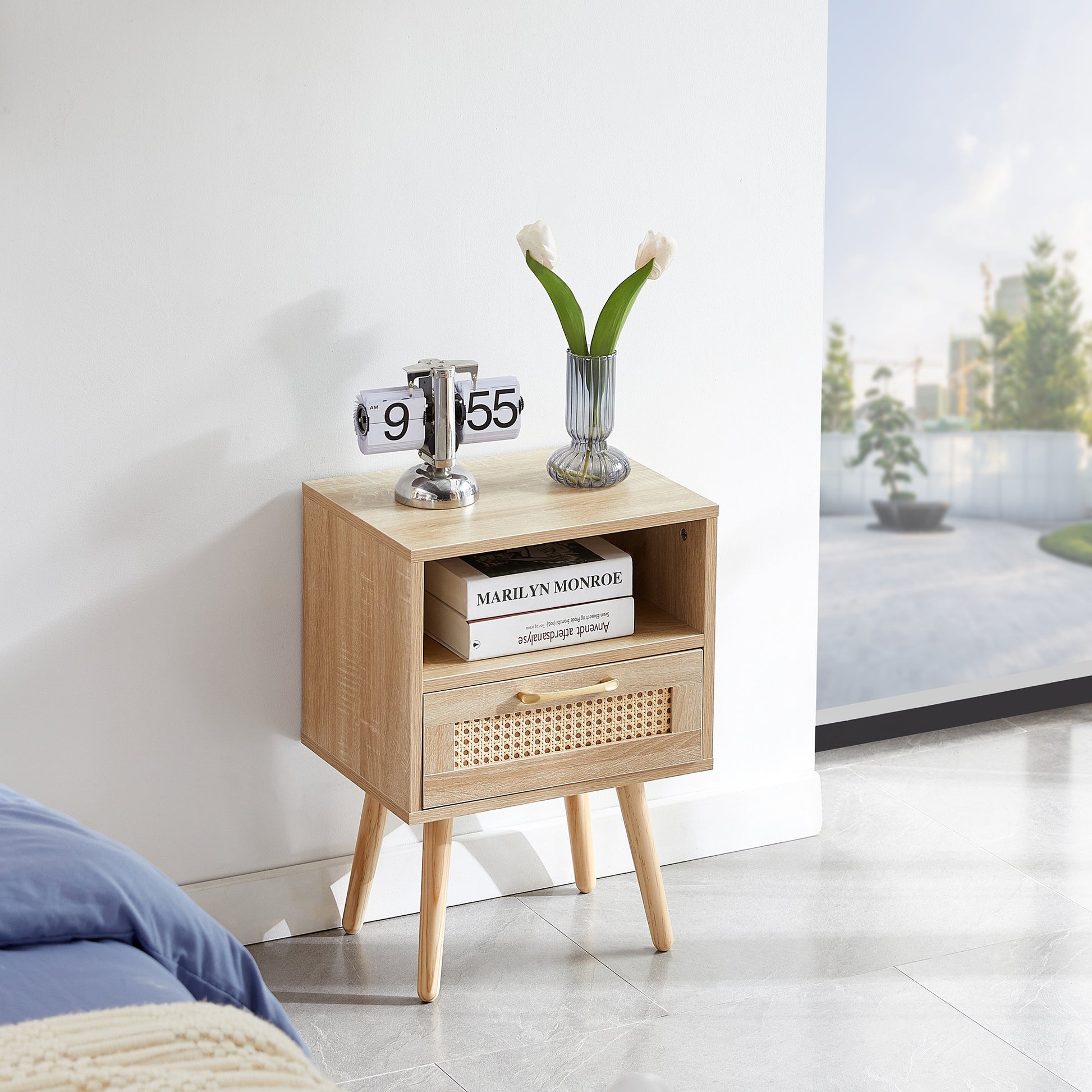 15.75" Rattan End Table With Drawer And Solid Wood Legs, Modern Nightstand, Side Table For Living Room, Bedroom,Natural Natural Mdf