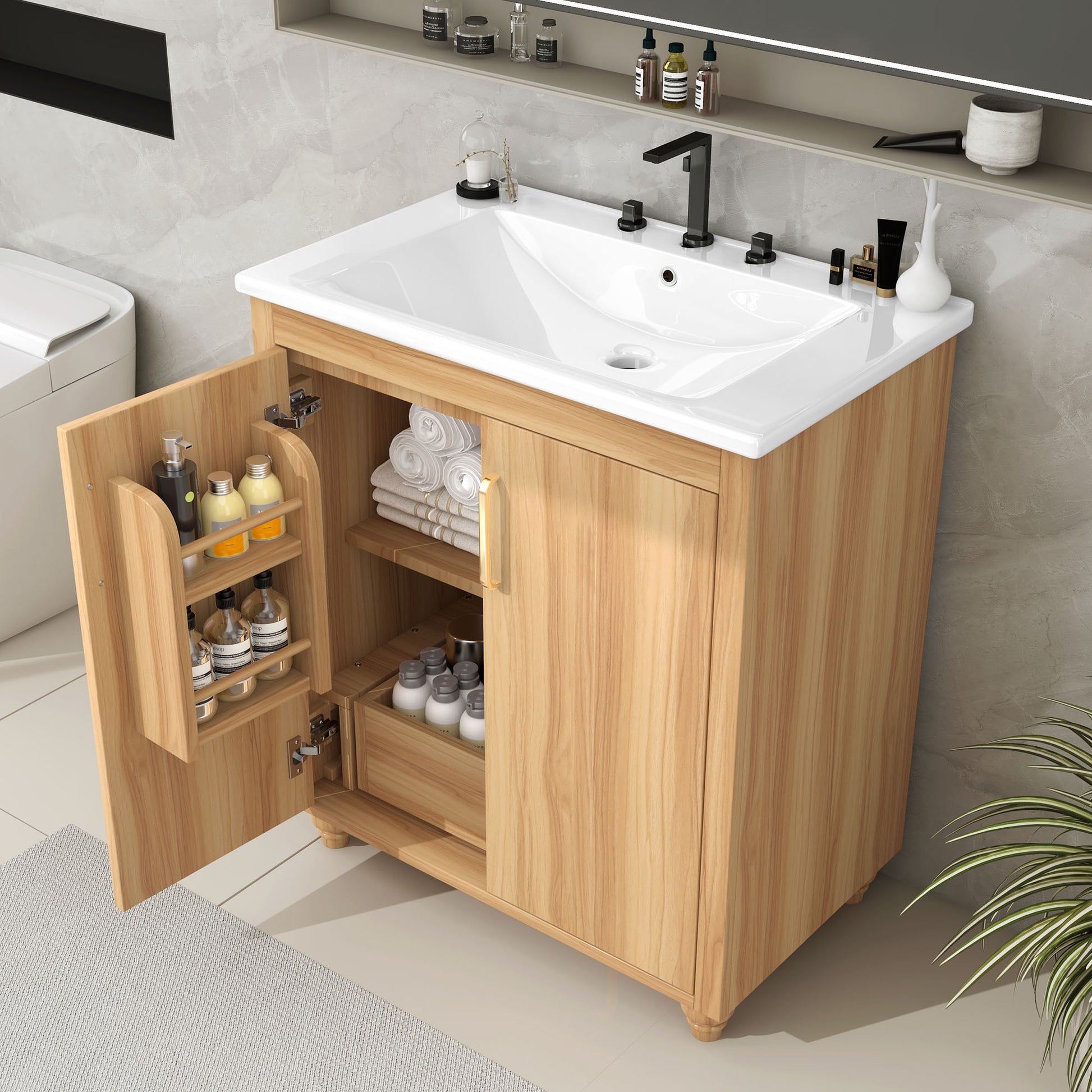 30" Bathroom Vanity With Sink Combo, Multi Functional Bathroom Cabinet With Doors And Drawer, Mdf Board, Natural Natural Solid Wood Mdf