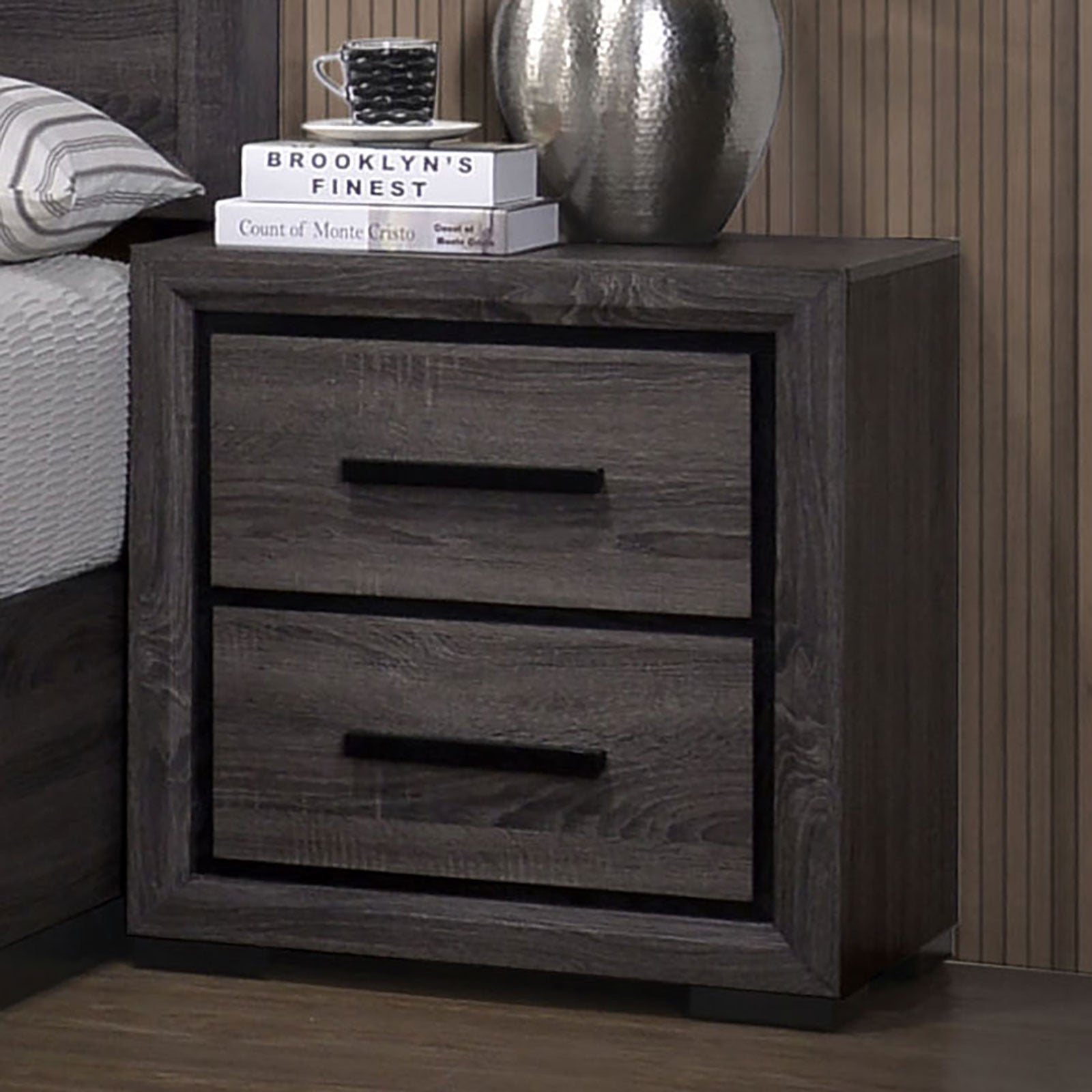 Gray 1Pc Nightstand Bedroom Furniture Bedside Table 2 Drawers Two Tone Design W Black Trim Paper Veneer Gray 2 Drawers Bedroom Bedside Cabinet Contemporary,Transitional Easy Assembly Wood