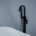 Matte Black Waterfall Freestanding Tub Filler Floor Mount Bathtub Faucet With Handheld Sprayer Matte Black Brass