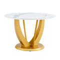 A Modern Minimalist Round White Patterned Table Top Measuring 48 Inches In Diameter With Gold Mdf Legs. Suitable For Dining And Living Rooms. Gold White Sintered Stone