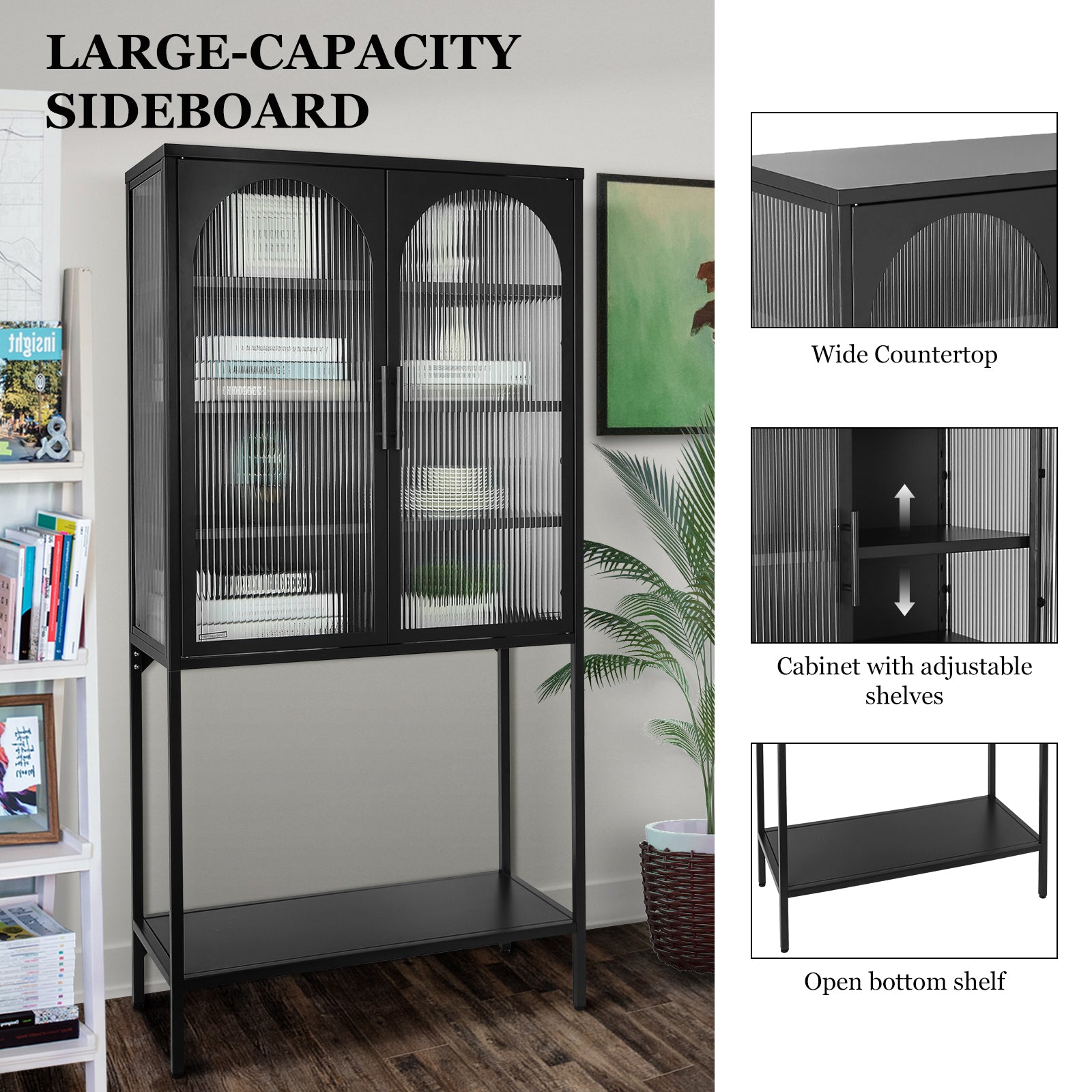 Elegant Floor Cabinet With 2 Glass Arched Doors Living Room Display Cabinet With Adjustable Shelves Anti Tip Dust Free Easy Assembly Black Black Tempered Glass Sheet Metal Plastic