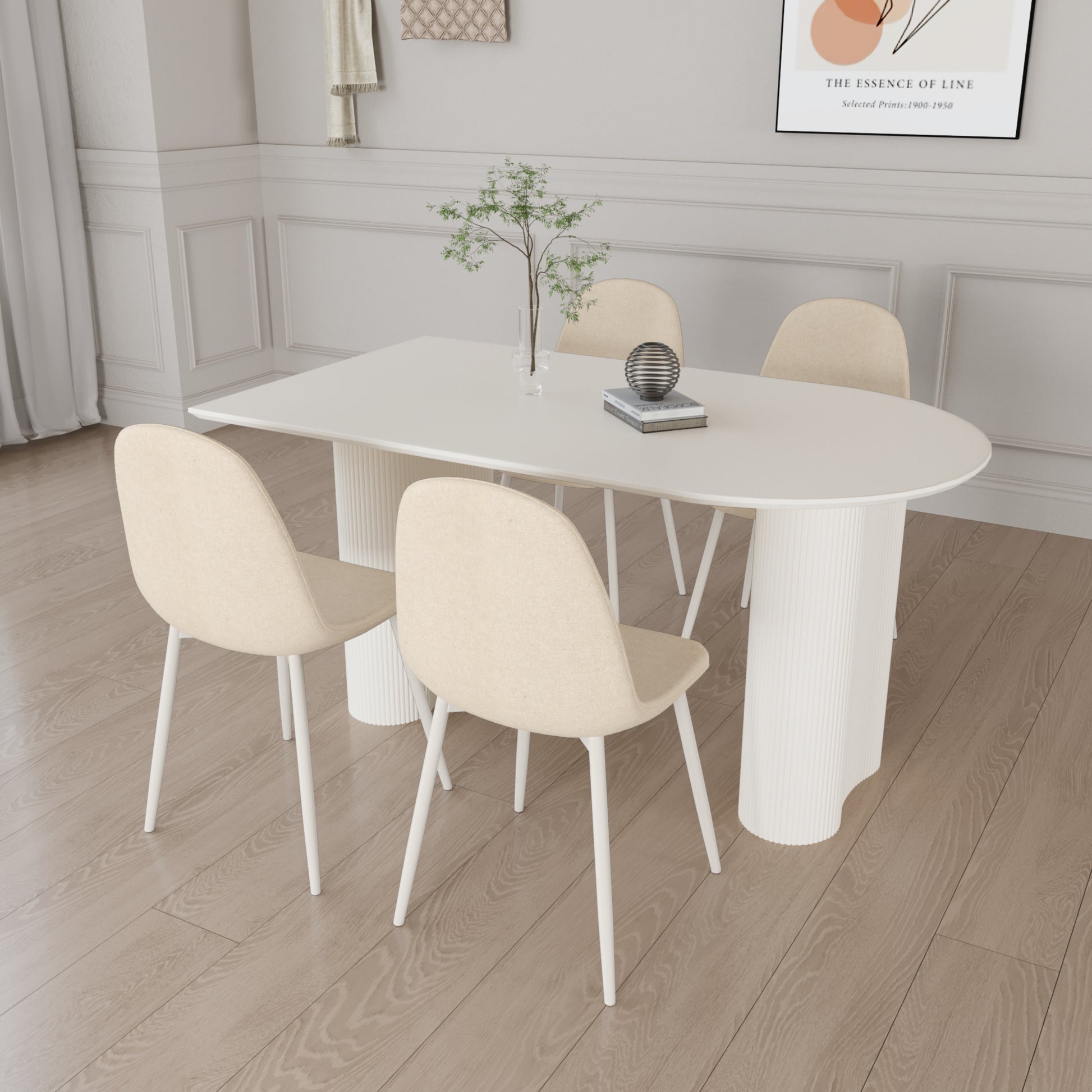 63 "Mdf Cream Style Coffee Table And Modern Dining Chair 4 Piece Set, Modern Fashion Kitchen Table Set, Round Wave Table Legs, Dining Table And Linen Chair Beige White Mdf