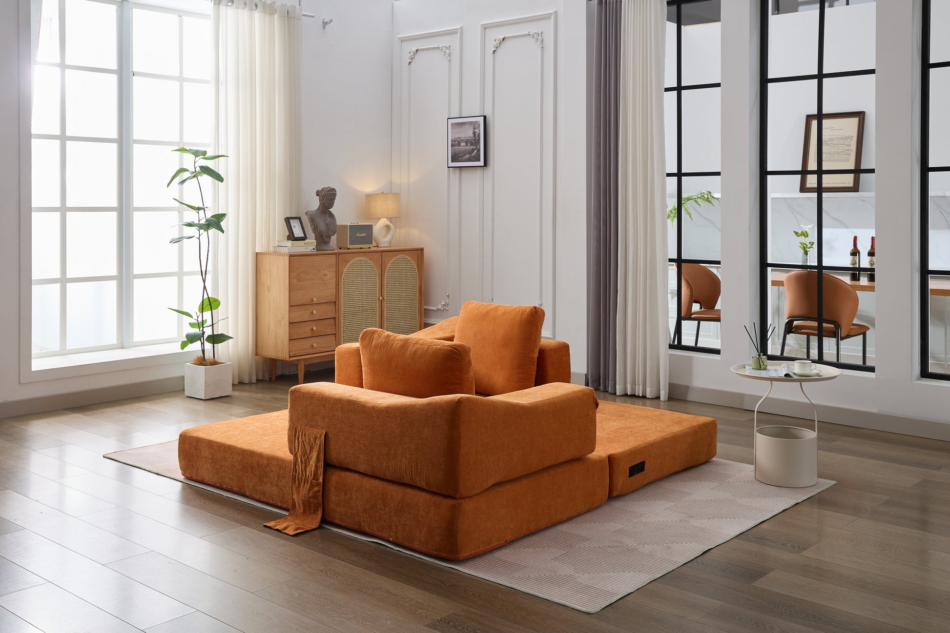 Modern Minimalist Sofa, Fold Out Sofa Bed, Convertible Chair Floor Couch & Sleeping Mattress For Living Room, Bedroom, Apartment, Removable Backrest, Orange Orange Chenille Soft Vintage Chenille 2 Seat