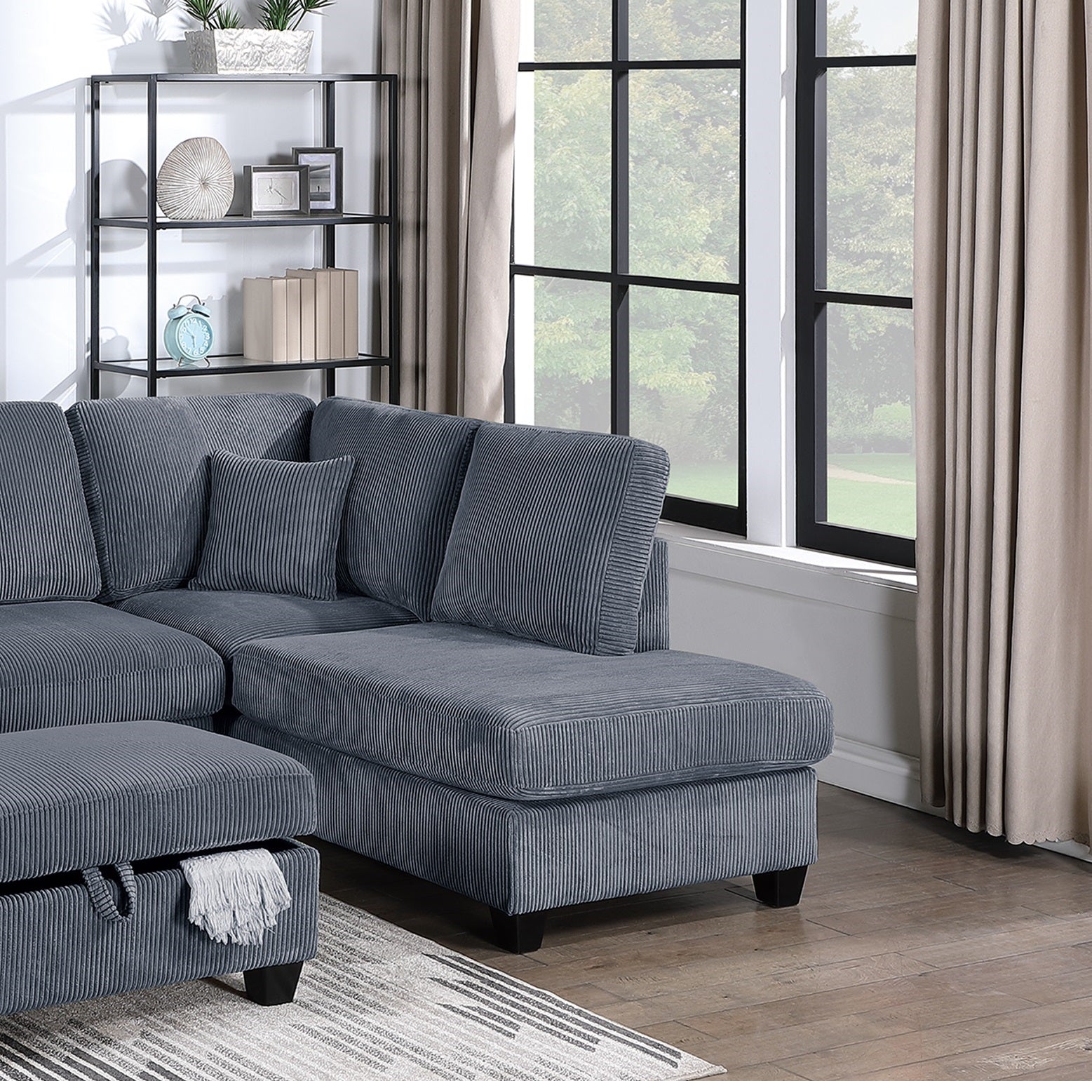 Contemporary Dark Gray 3Pc Sectional Set Corduroy Upholstered Laf Sofa Raf Chaise Ottoman L Sectional Living Room Furniture Dark Gray Primary Living Space Cushion Back Contemporary,Modern L Shaped Rubberwood Corduroy 6 Seat