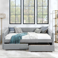 Queen Size Daybed With Two Drawers Trundle Upholstered Sofa Bed, With Vertical Stripes Linen Fabric, Grey 86.5