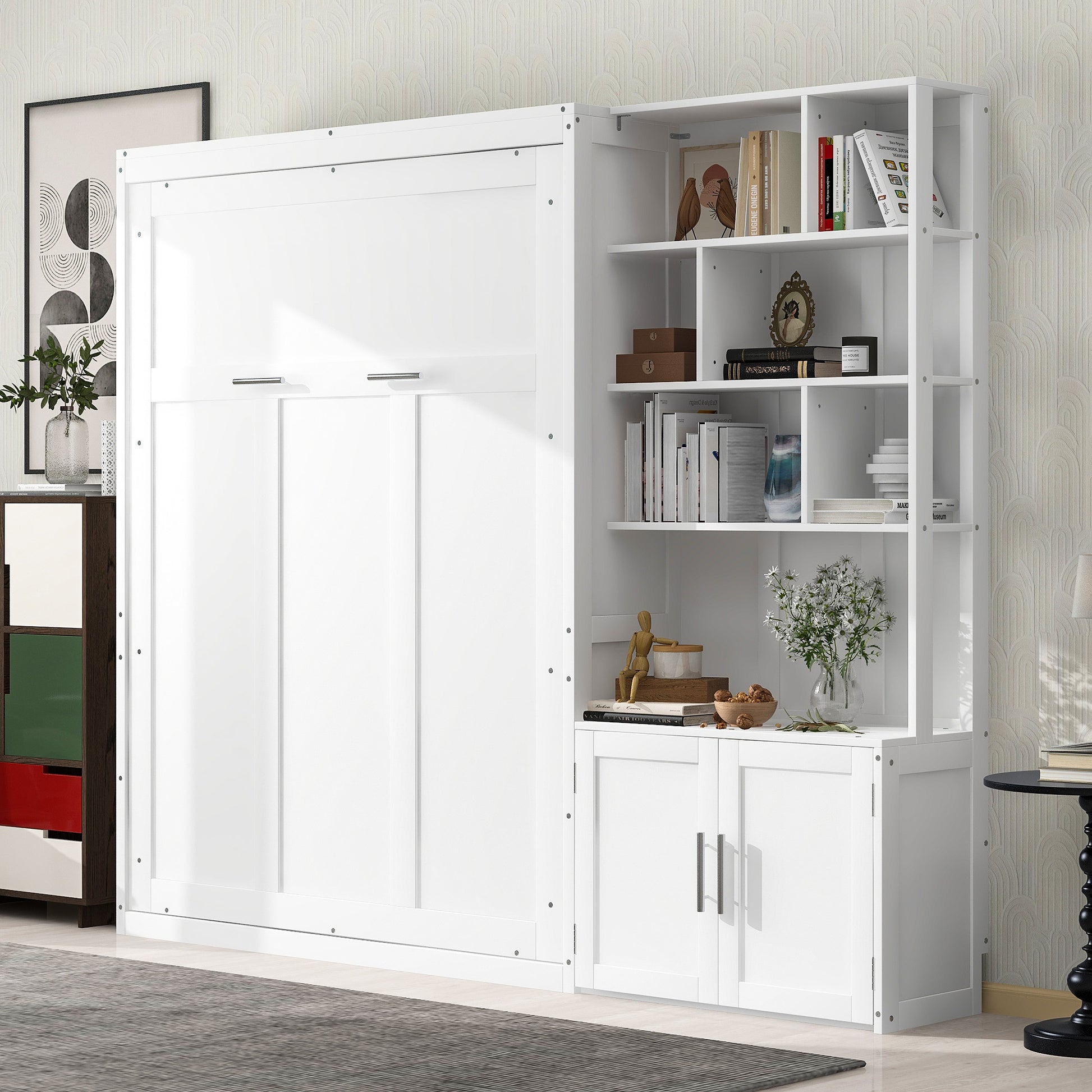 Full Size Murphy Bed With Multiple Storage Shelves And A Cabinet, White Box Spring Not Required Full White Wood Bedroom Murphy Solid Wood Mdf