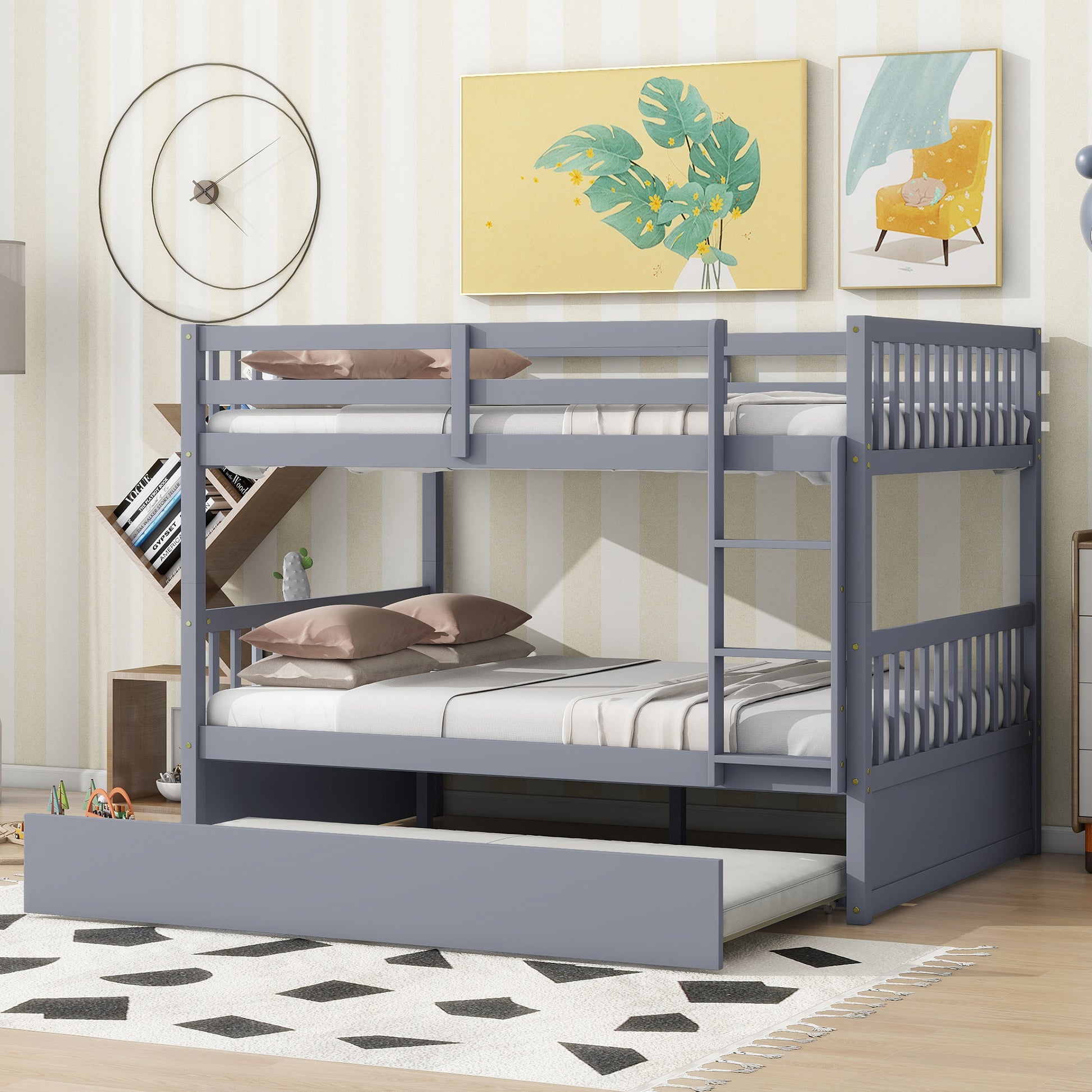 Full Over Full Rubber Wood Bunk Bed With Trundle, Ladder And Guardrails, Convertible To 2 Full Size Beds, With Twin Size Trundle ,Grey Full Grey Bedroom American Design Bed Frame Rubber Wood