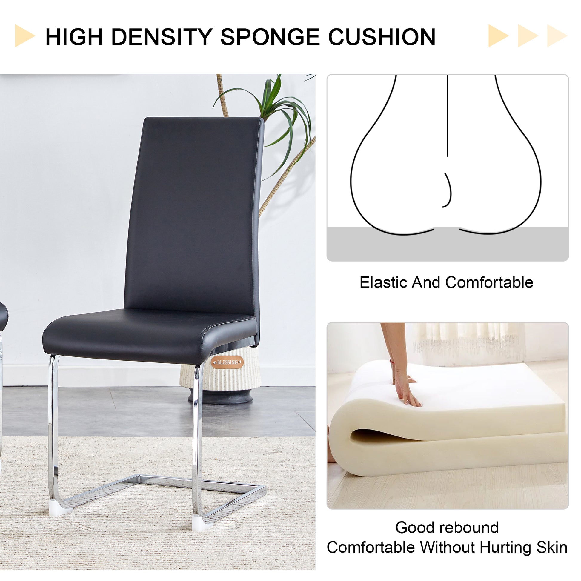 Table And Chair Set, Large Modern Minimalist Rectangular Dining Table, 0.39 Inch Black Imitation Marble Tabletop And Silver Metal Legs, Soft Leather Seats. F 1537 Silver Glass Metal