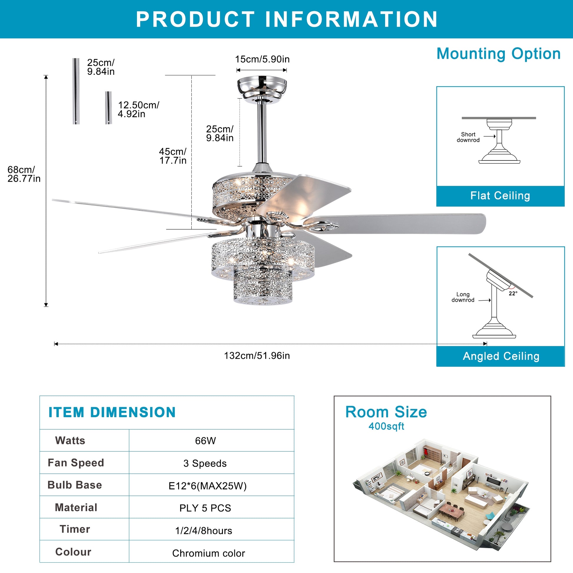 Dual Crystal Lamp Shade Crystal Ceiling Fan With Lights No Include Bulb Fandelier Chandelier Reversible Blades 3 Wind Speeds Remote Control For Bedroom Living Dining Room Chrome 52 Inch Chrome American Design,American