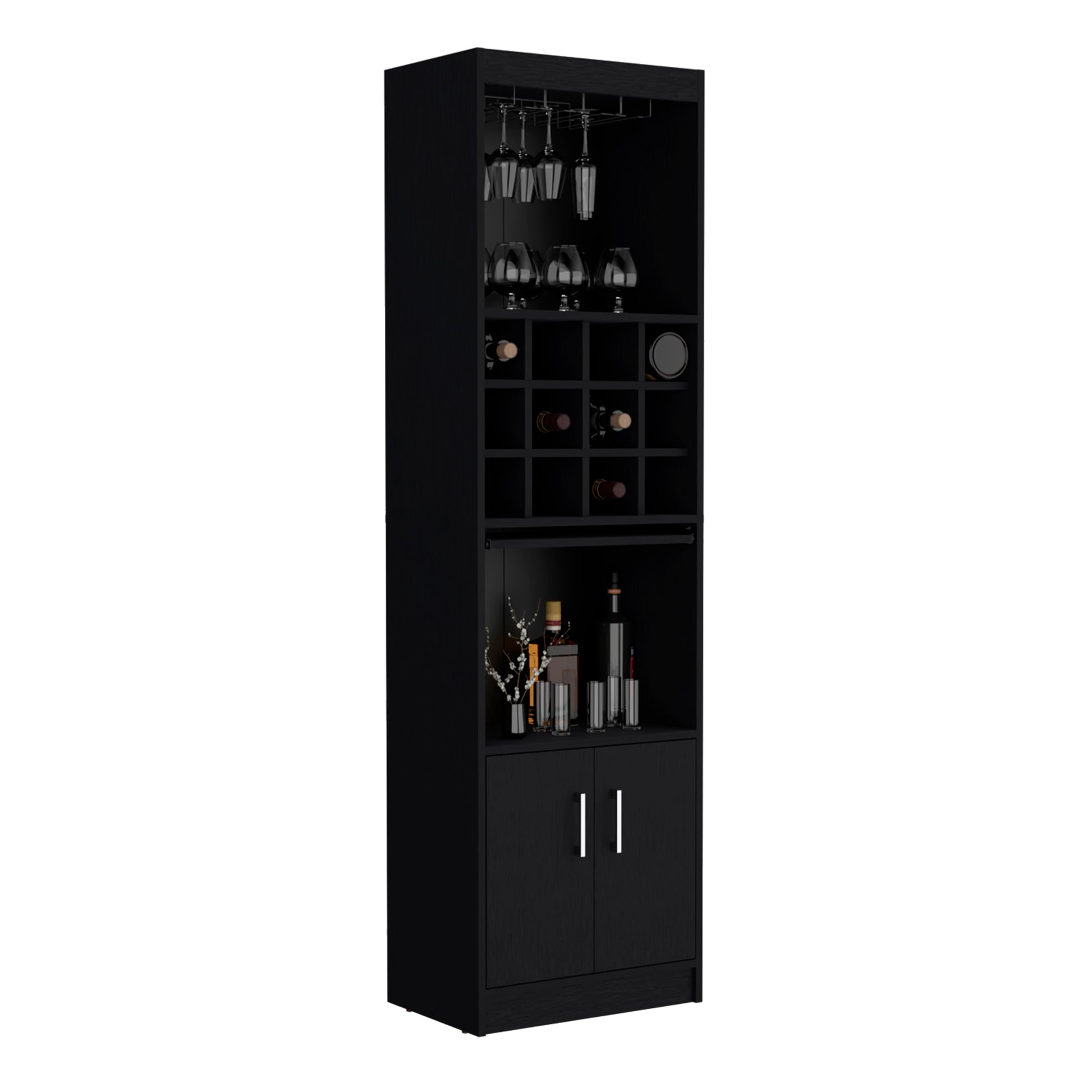 Pisek Bar Cabinet 5 Tier, Wine Cabinet, Liquor Cabinet, 12 Bottle Cubbies, 5 Shelves, Black Black Solid Wood Mdf Engineered Wood