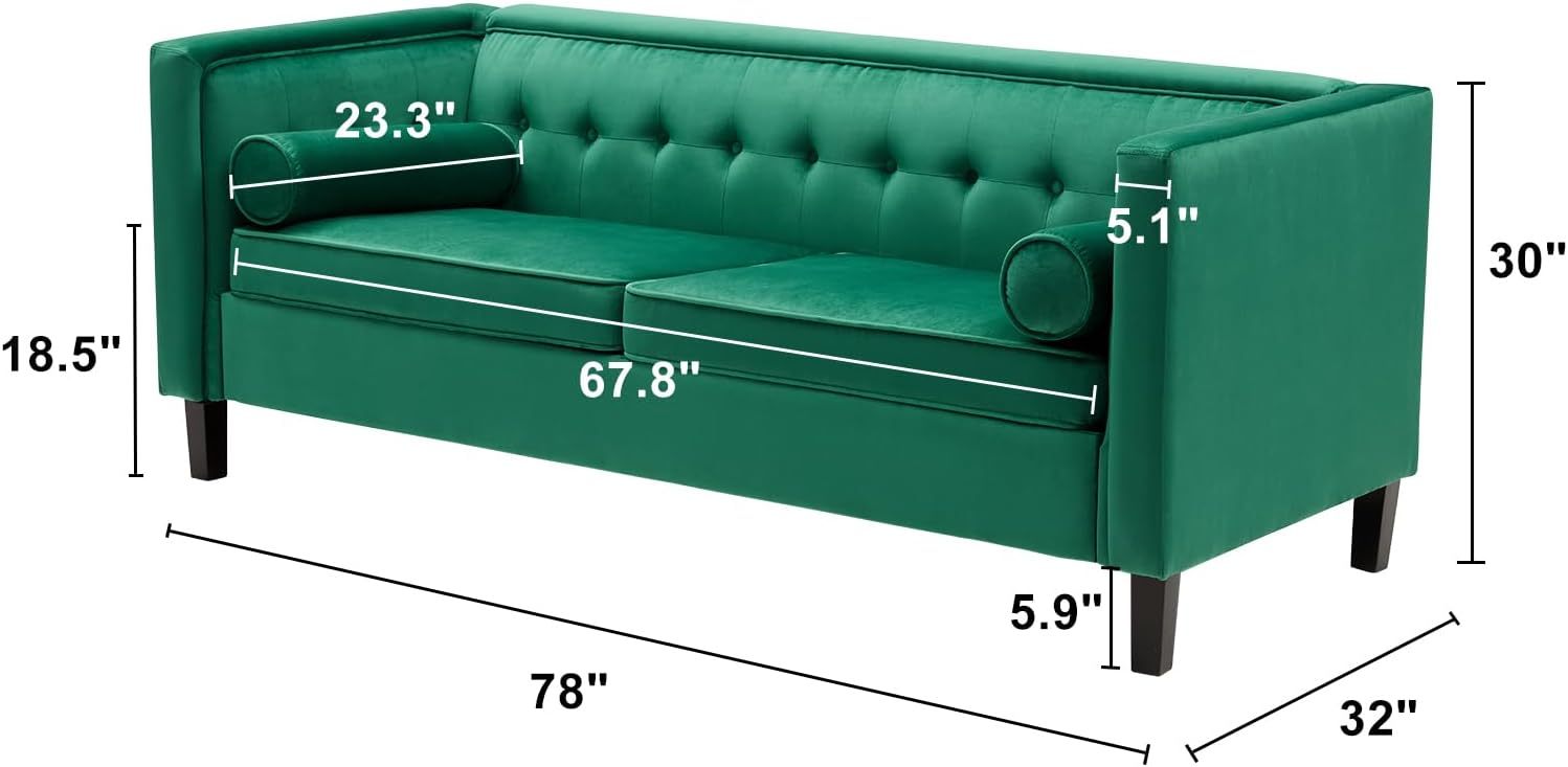 78'' Mid Century Velvet Sofa, Couch Furniture With Bolster Pillows, Button Tufted Couch For Living Room, Tool Free Assembly, Green Light Brown Wood Primary Living Space Heavy Duty Acacia 3 Seat Green Velvet Soft Cushion Back Mid Century Modern Square