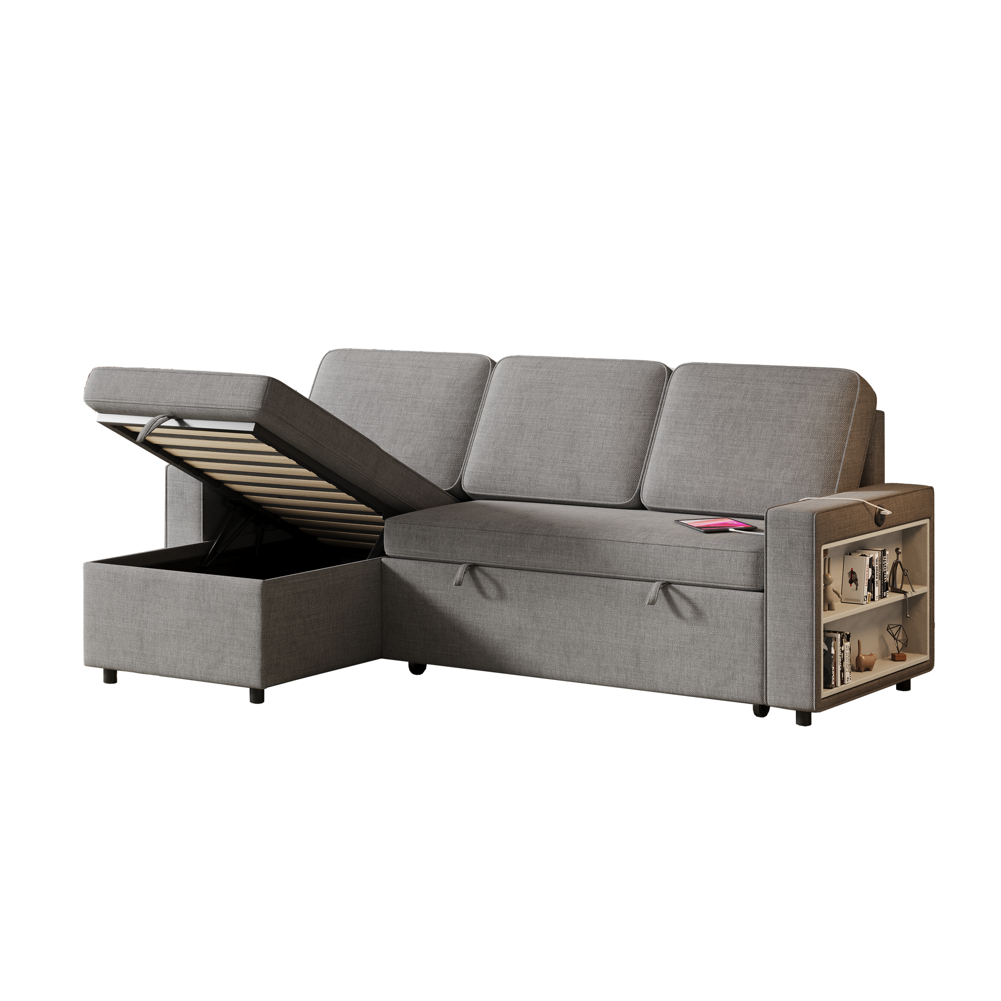 85.8" Pull Out Sleeper Sofa L Shaped Couch Convertible Sofa Bed With Storage Chaise And Storage Racks,With Usb Port And T Pyce Port Dark Grey Fabric 3 Seat