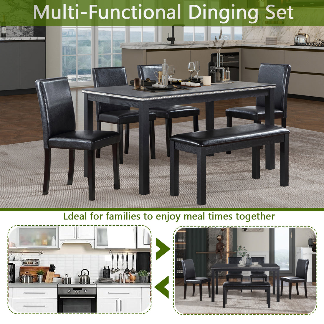 Wooden Dining Rectangular Table With Bench, Kitchen Table With Bench For Small Space, 6 Person Dining Table, Black Black Seats 6 Dining Room Rectangular 4 Leg Rectangular Dining Table With Chair And Bench Solid Wood Mdf