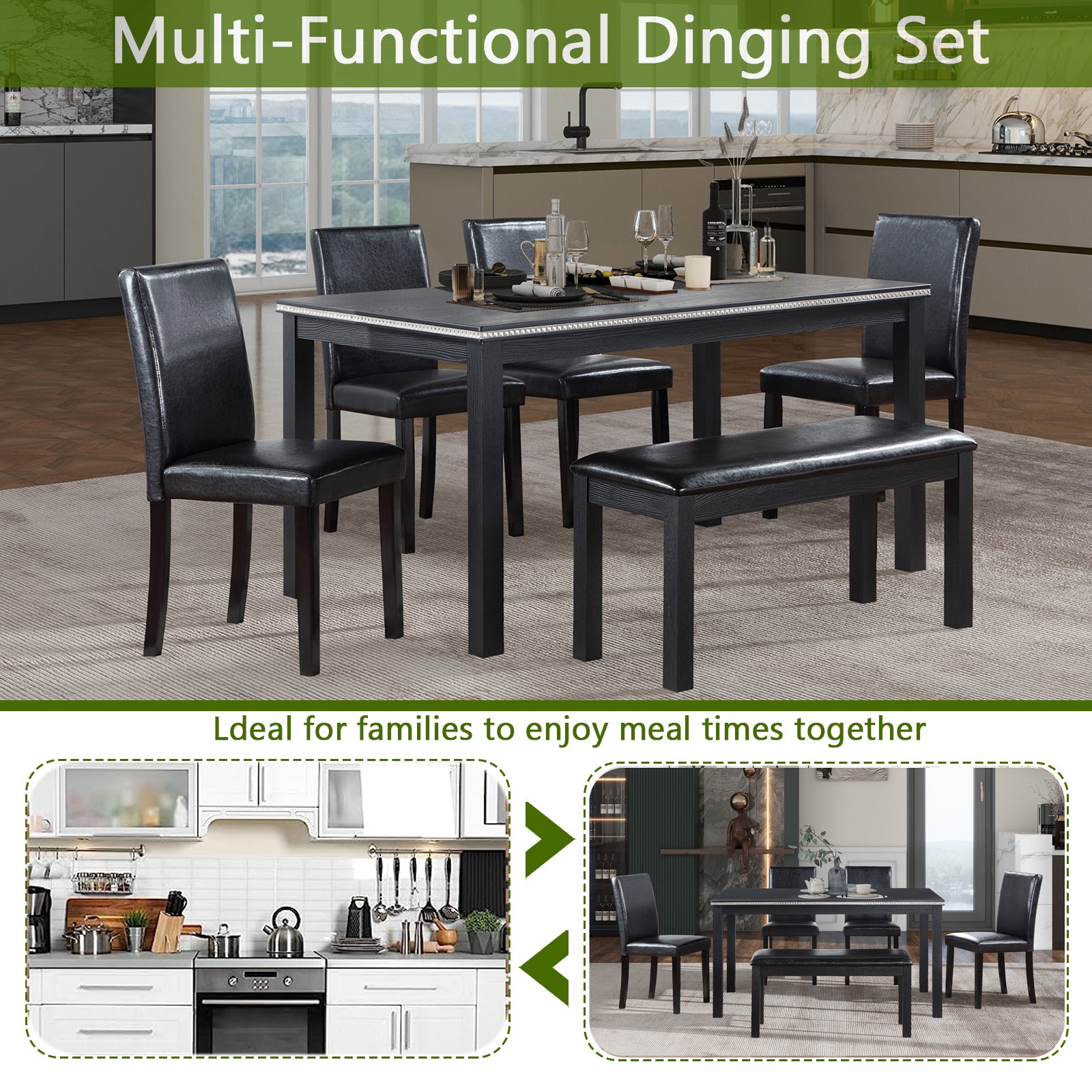 Wooden Dining Rectangular Table With Bench, Kitchen Table With Bench For Small Space, 6 Person Dining Table, Black Black Seats 6 Dining Room Rectangular 4 Leg Rectangular Dining Table With Chair And Bench Solid Wood Mdf