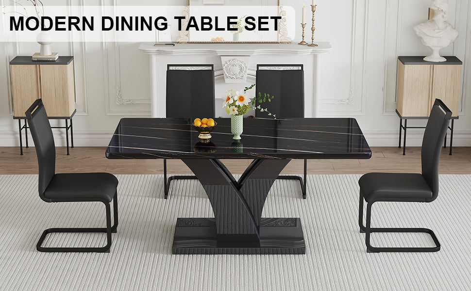 Table And Chair Set, Modern Dining Table, Black Tabletop And Black Mdf Leg Table, Soft And Comfortable Dining Chair, Perfect For Dinner, Meetings, Home And Office Decor Black Mdf