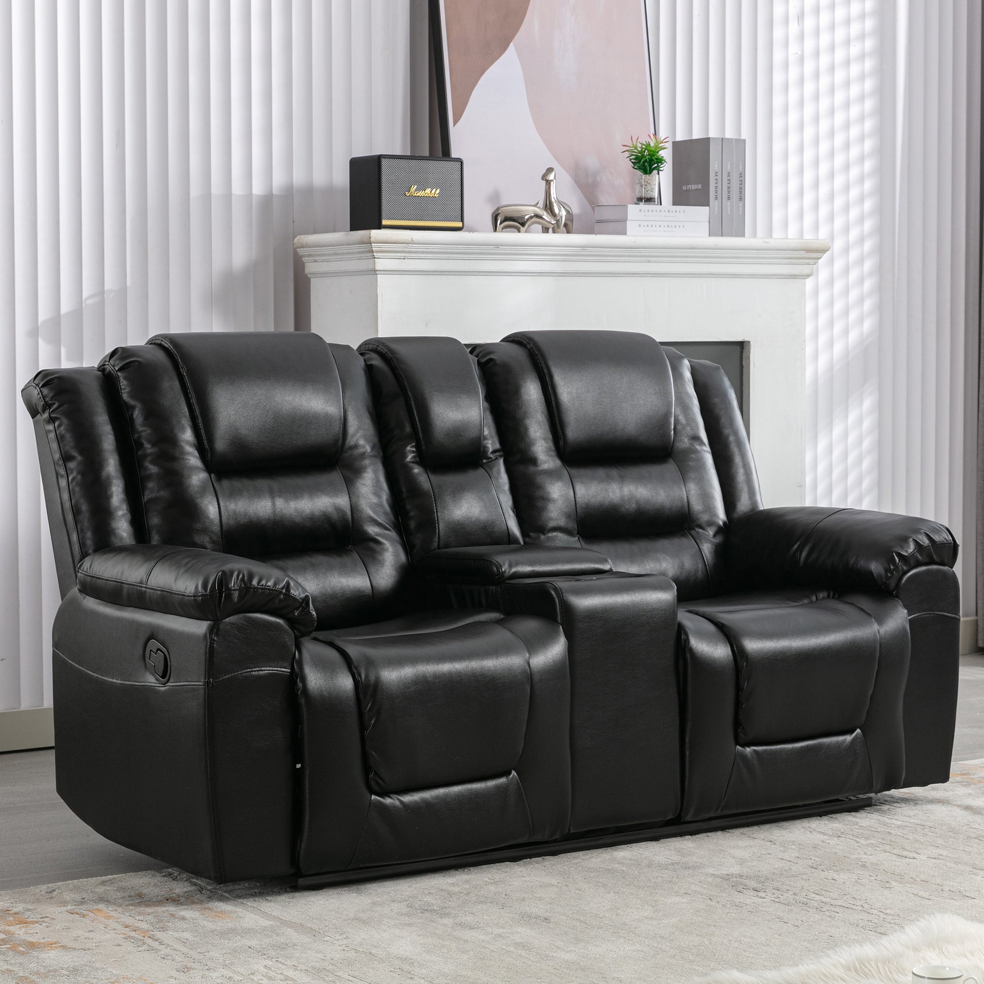 2 Seater Home Theater Recliner Manual Recliner Chair With A Storage Box And Two Cup Holders For Living Room,Bedroom, Black Old Sku:Pp302954Aab Black Foam Pu Leather