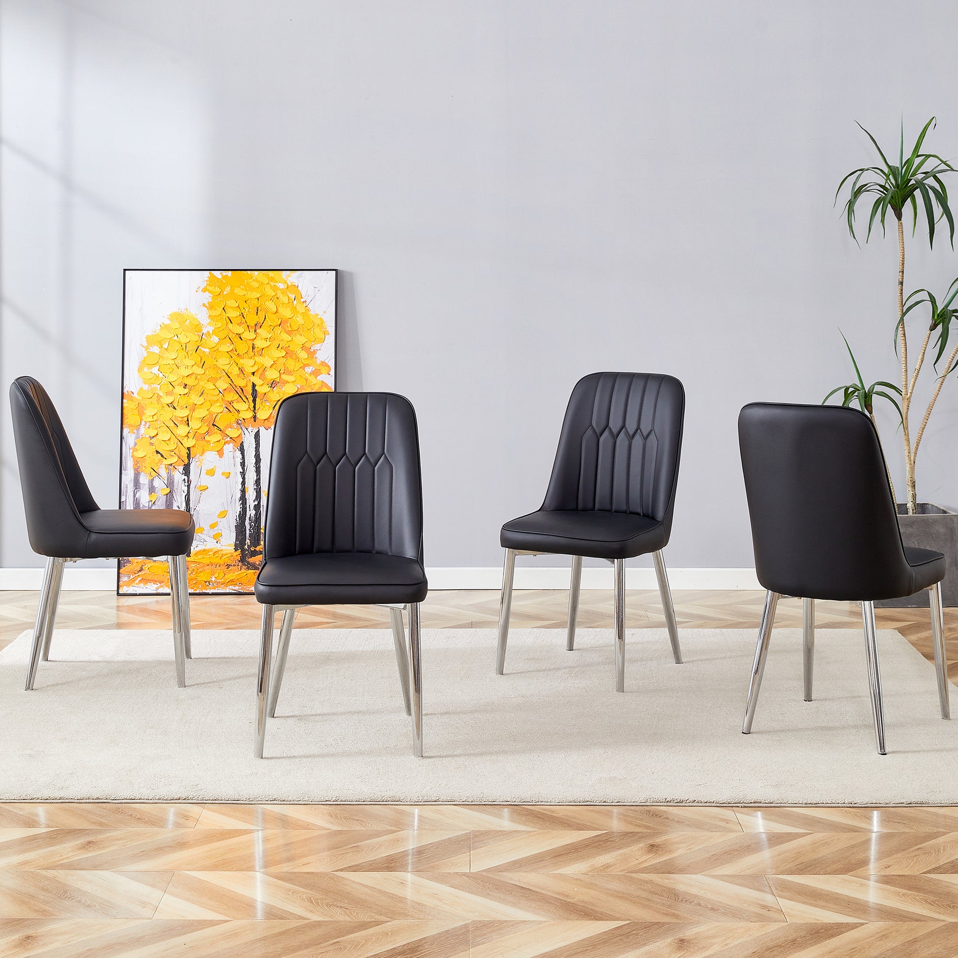 4 Modern Dining Chairs, Smooth Pu Leather Backrest And Silver Toned Metal Legs For A Comfortable Home Experience For Kitchens, Bedrooms And Offices. Black Pu