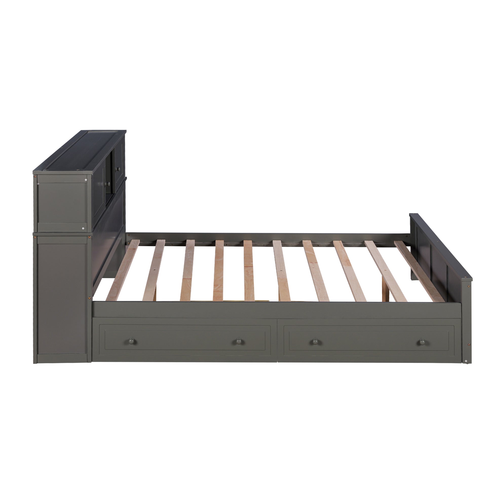 Full Size Platform Bed With Storage Headboard And Sliding Door,2 Drawers, Gray Full Gray Solid Wood Mdf