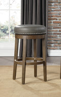 Round Swivel Bar Stools Set Of 2, Gray Faux Leather 360 Degree Swivel Seat Trim Solid Wood Frame Brown Finish Furniture Brown Gray Dining Room Round Solid Wood