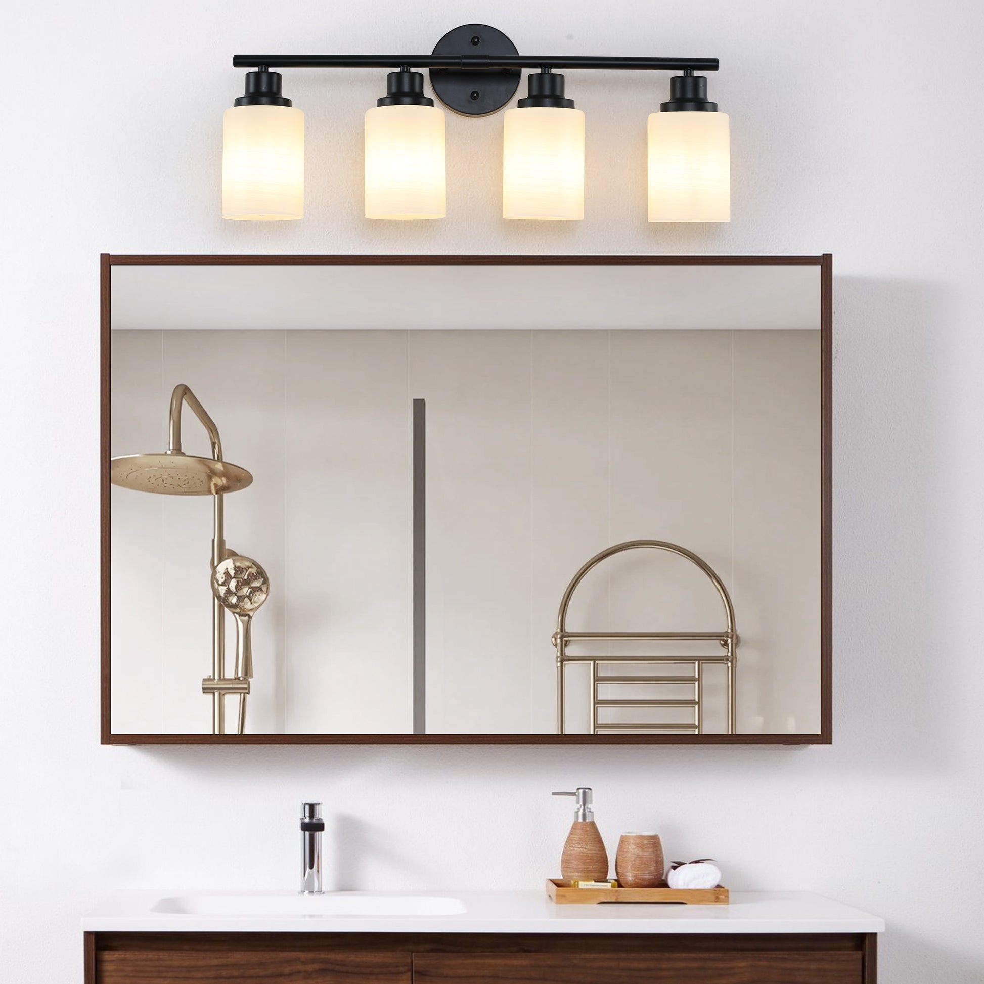 Modern 4 Light Vanity Bathroom Mirror Light, Frosted White Glass With Black Iron Frame, Contemporary Wall Sconce For Bedroom, Bathroom, And Dressing Room Bulb Not Included Black White Glass,Iron