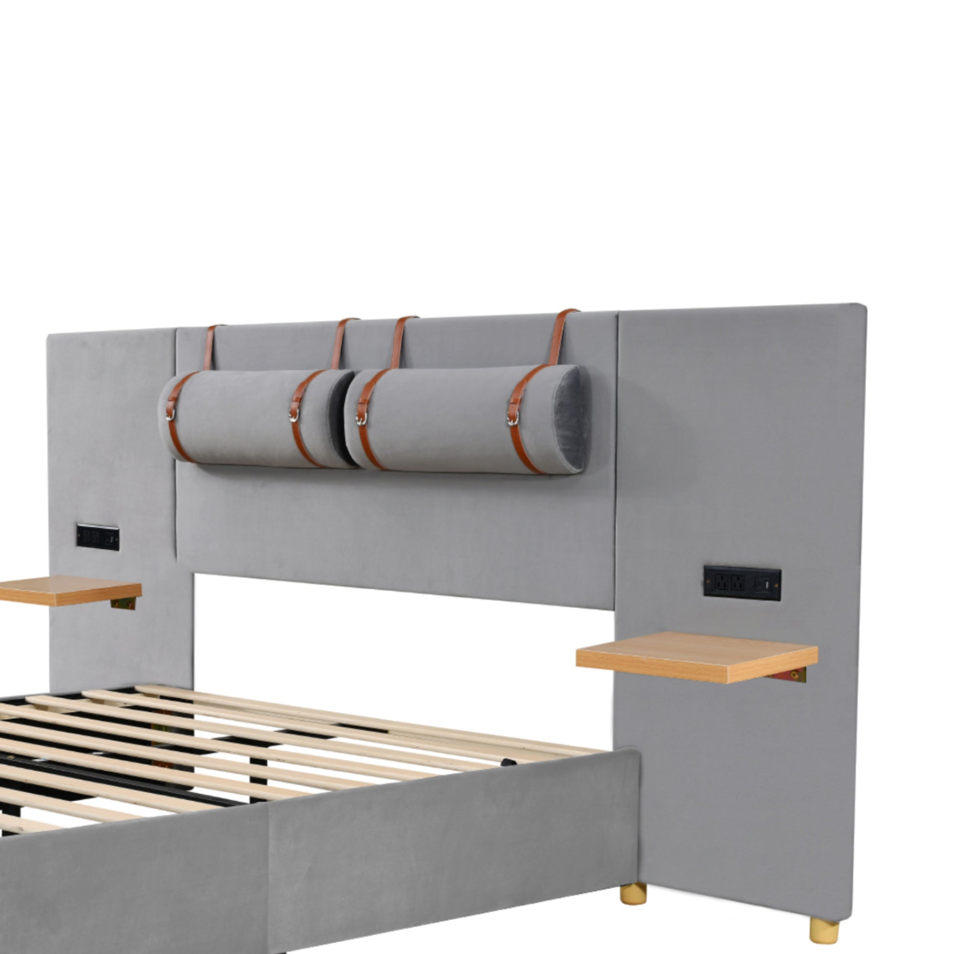 Full Size Upholstered Platform Bed With Two Outlets And Usb Charging Ports On Both Sides, Two Bedside Pillows, Storage Shelf, Velvet,Gray Full Gray Mdf Lvl