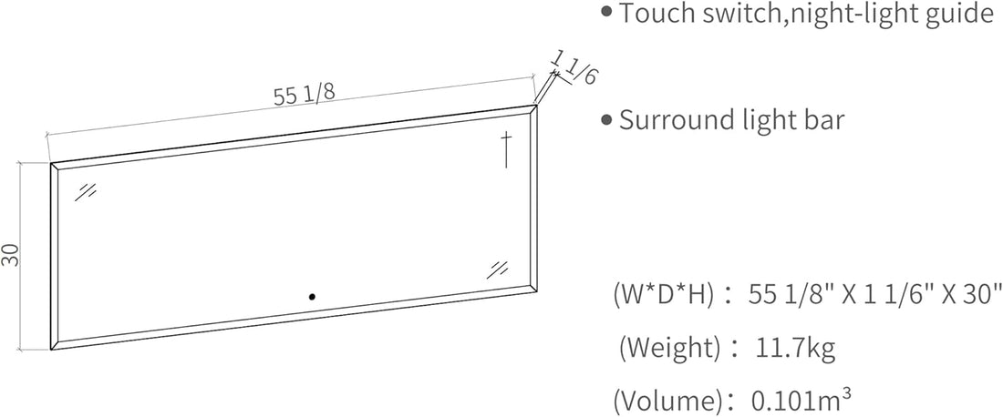 55X30 In Led Bathroom Mirror, 8000K Vanity Mirror With Lights, Ip54 Waterproof Aluminum Alloy Sealing Bathroom Mirrors For Wall Mounted, Float Glass Cri90 Silver Glass