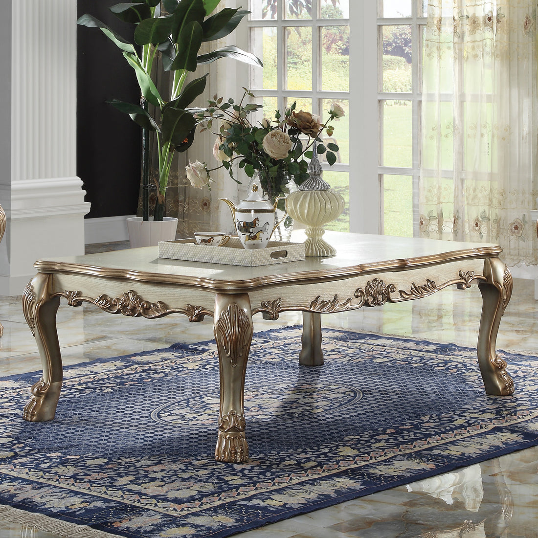 Gold Patina And Bone Coffee Table With Claw Leg Gold Primary Living Space Traditional Rectangular Solid Wood Mdf