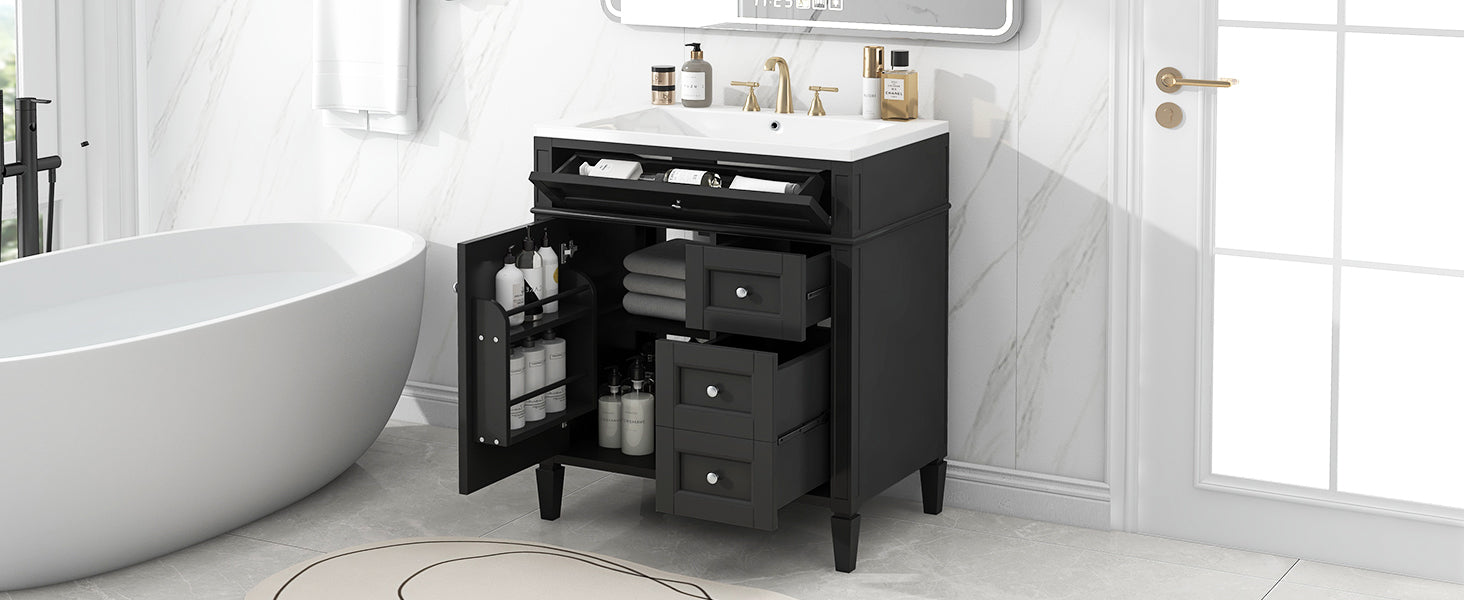 30'' Bathroom Vanity With Top Sink, Modern Bathroom Storage Cabinet With 2 Drawers And A Tip Out Drawer, Single Sink Bathroom Vanity Black Bathroom Solid Wood Mdf