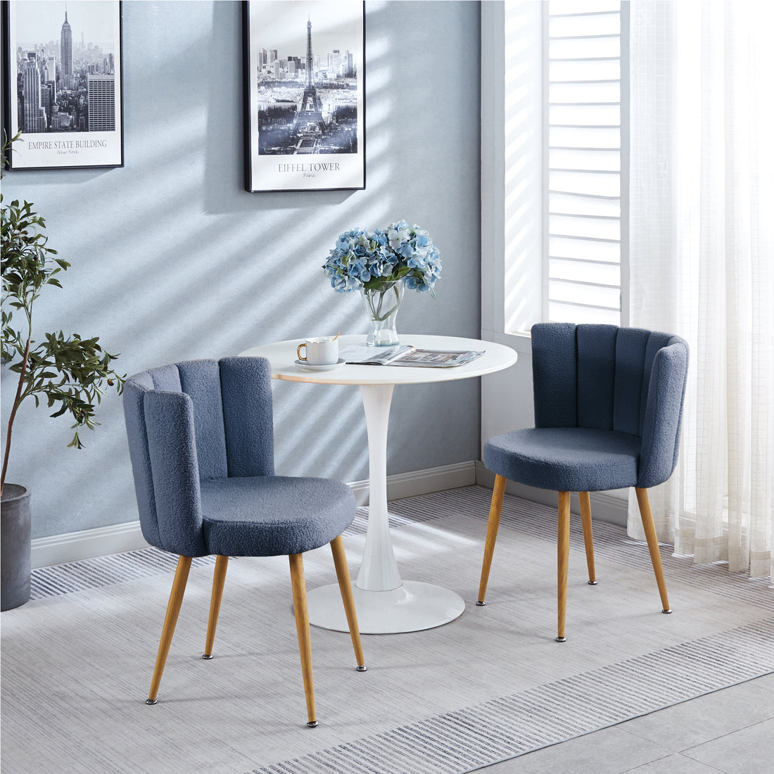 Modern Haze Blue Dining Chair Set Of 2 With Iron Tube Wood Color Legs, Shorthair Cushions And Comfortable Backrest, Suitable For Dining Room, Living Room, Cafe, Simple Structure. Blue Fabric