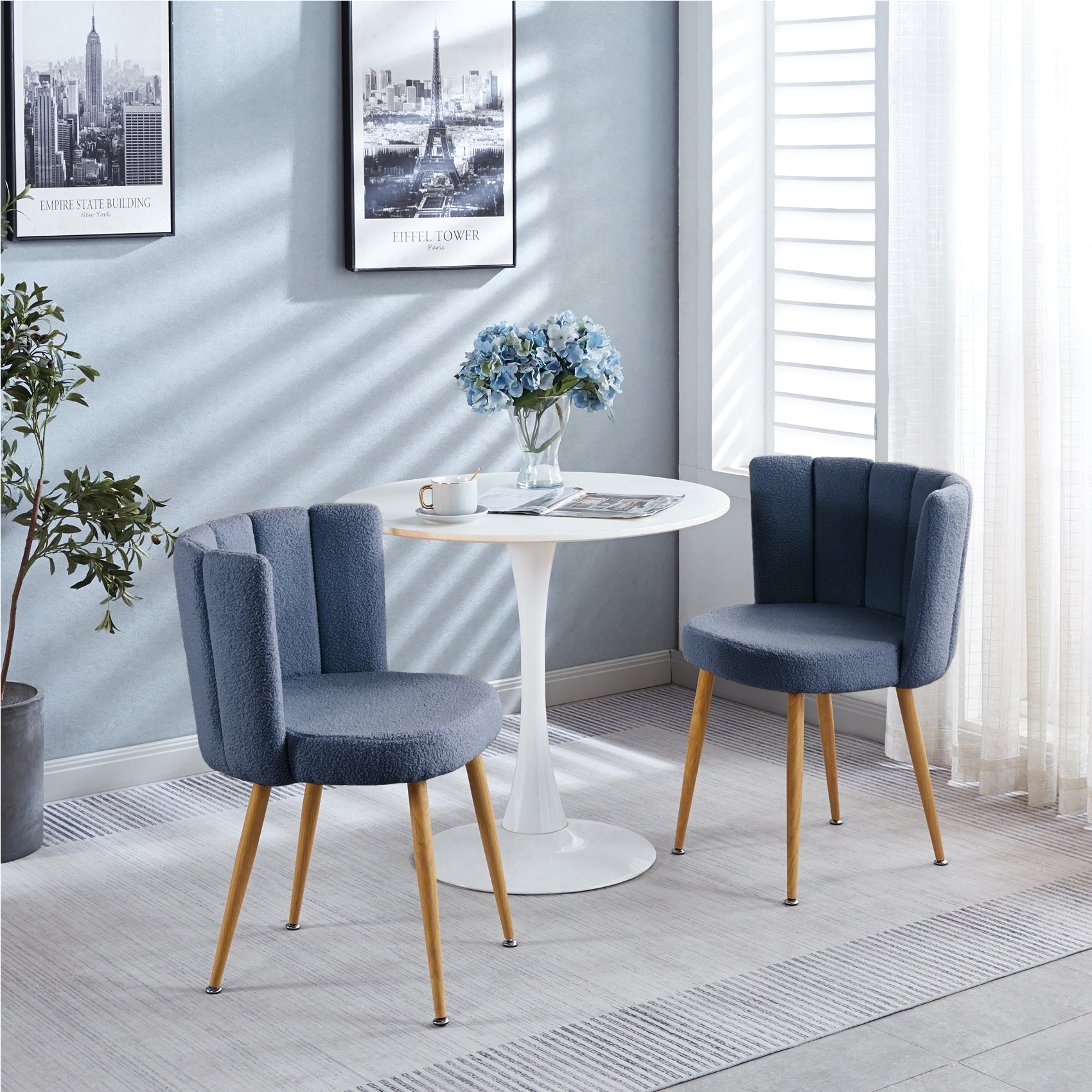 Modern Haze Blue Dining Chair Set Of 2 With Iron Tube Wood Color Legs, Shorthair Cushions And Comfortable Backrest, Suitable For Dining Room, Living Room, Cafe, Simple Structure. Blue Fabric