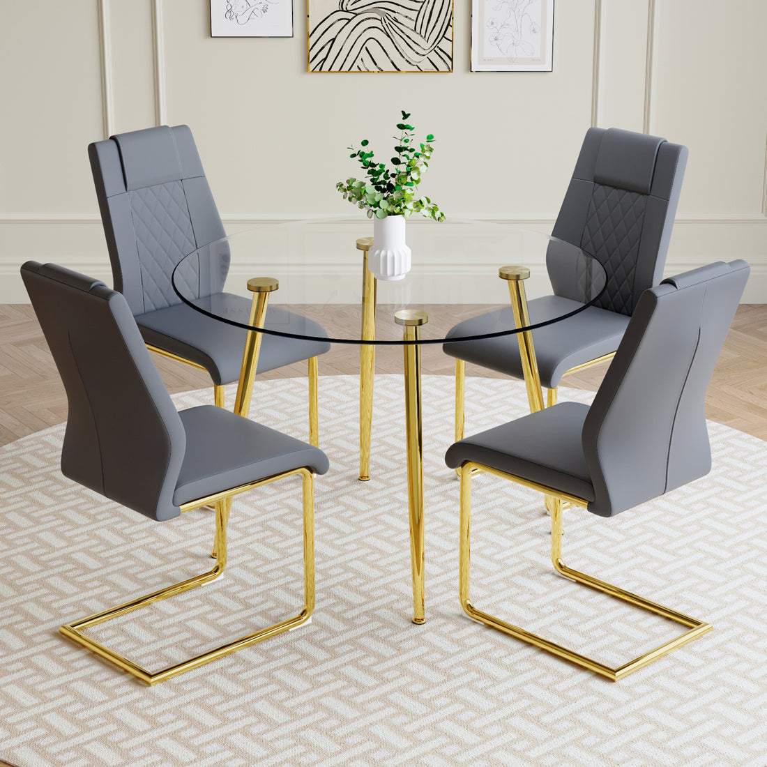 A Modern Minimalist Style Round Transparent Tempered Glass Table With Gold Metal Legs, Paired With 4 Modern Pu Leather High Back Dining Chairs,Bring A Luxurious Experience. Dark Gray Seats 4 Glass Metal