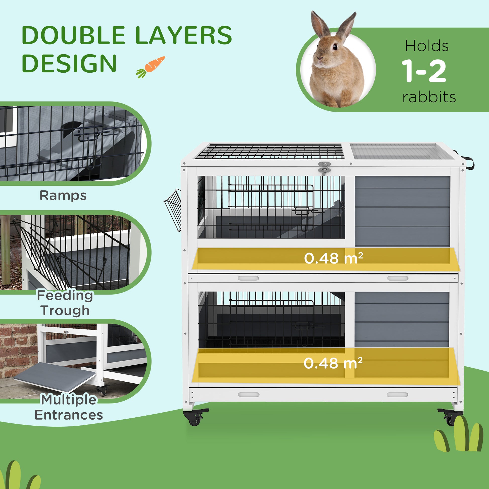 Pawhut Indoor Rabbit Hutch With Wheels, 2 Tier Rabbit Cage, 35.5" Wooden Guinea Pig Cage With Feeding Trough, Removable Trays, Ramps & Openable Top For 1 2 Rabbits, Gray Gray Wood