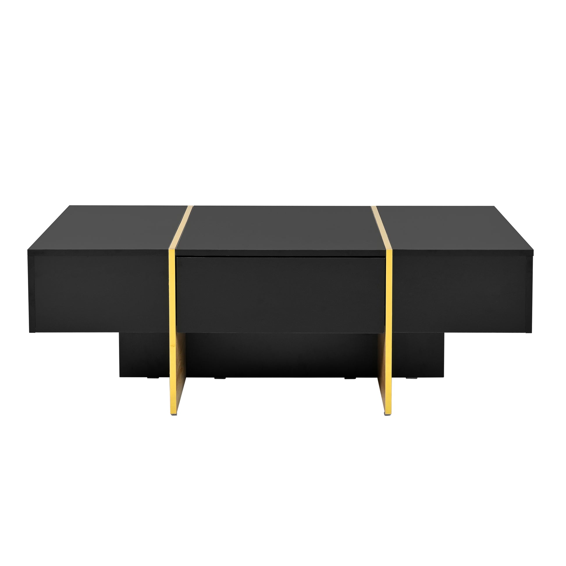 47.2'' X 31.4''Minimalist High Gloss Coffee Table With 2 Drawers, Multi Storage Rectangle Sofa Table With Golden Wood Grain Legs, Modern Center Table For Living Room, Black Black Particle Board Mdf